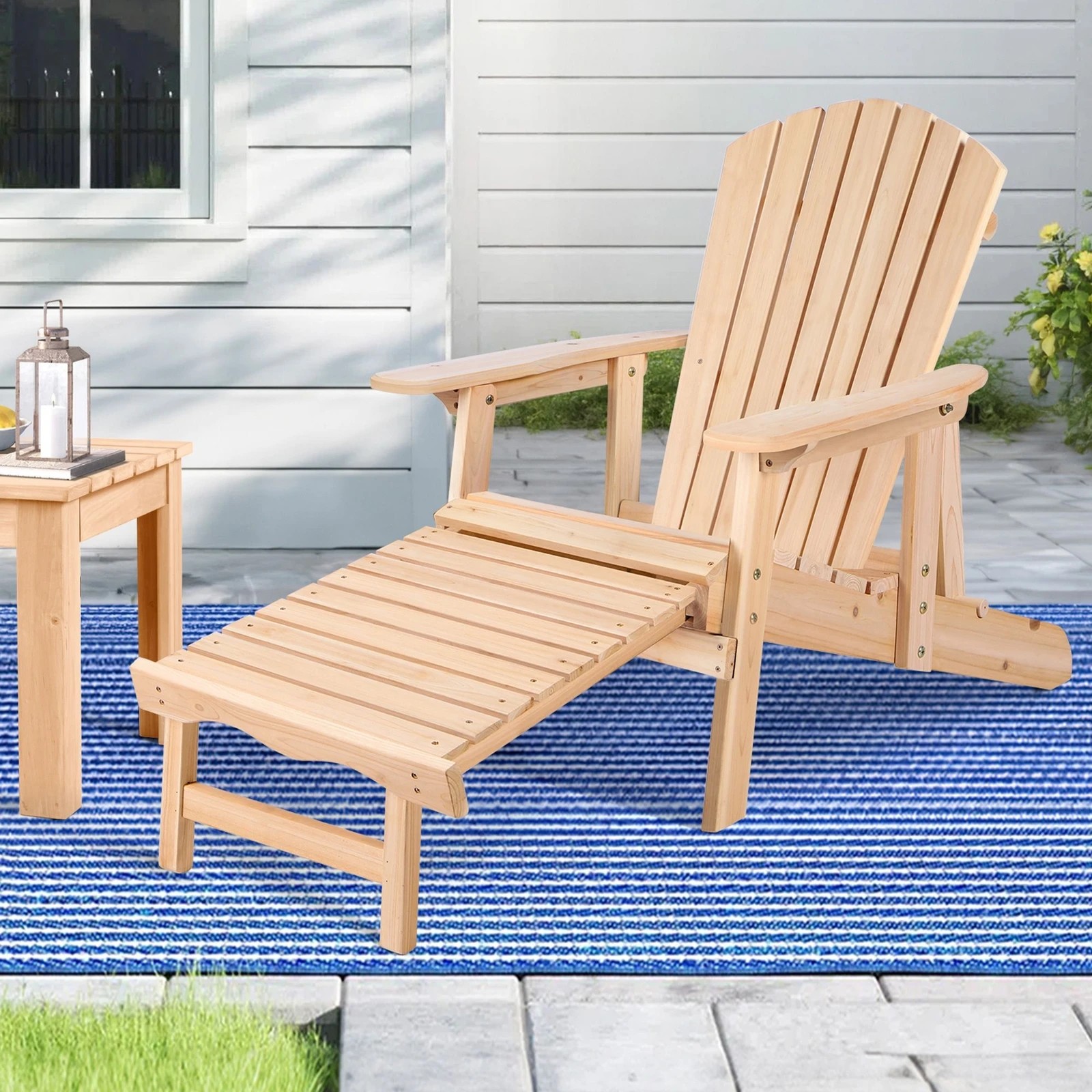 2 Alfordson Outdoor Chair Wooden Adirondack w/ Ottoman Patio Beach Garden - Natural, 2 of 9
