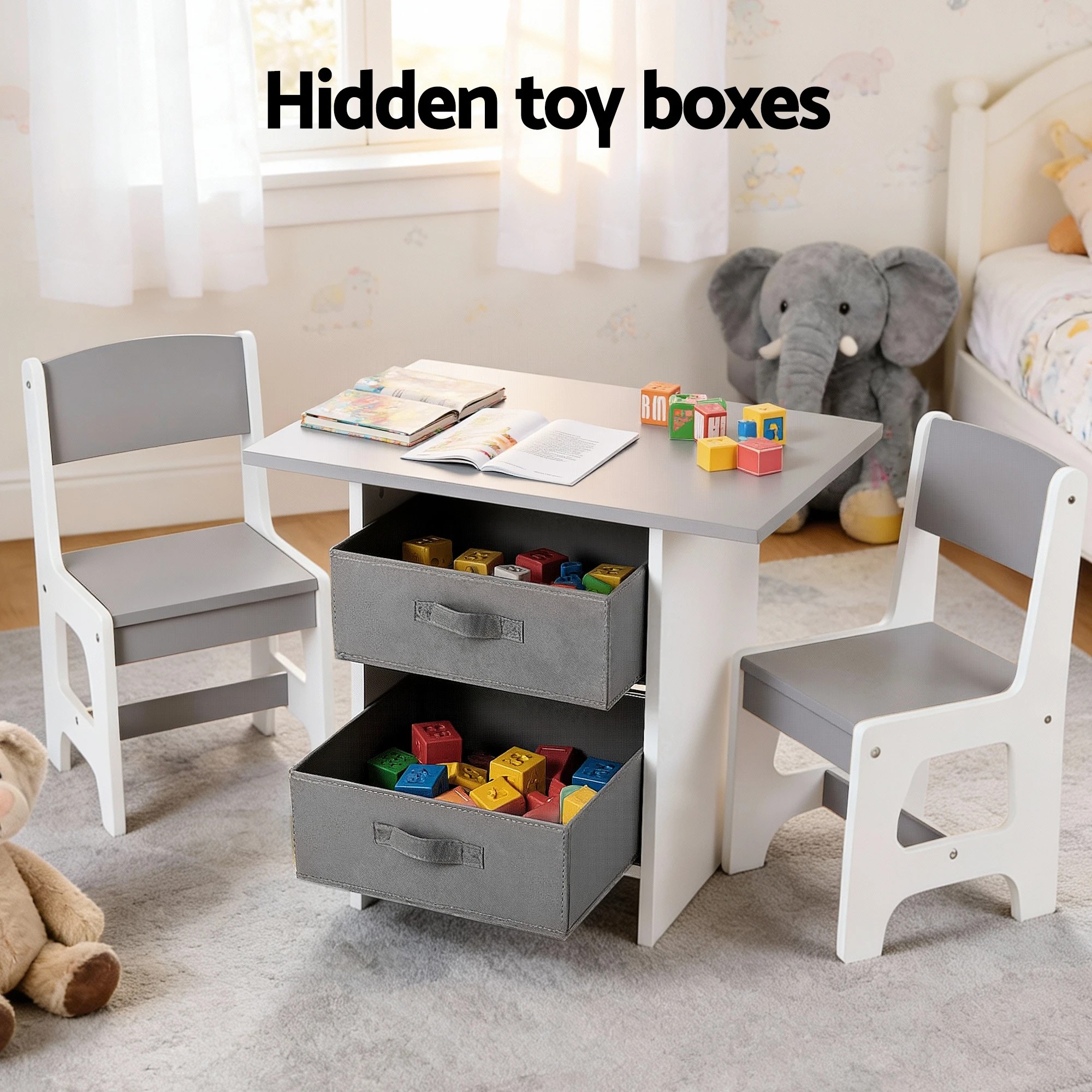 4 Keezi Kids Table and 2 Chairs Set Wooden Activity Table wit 2 Storage Drawers - Grey, 4 of 4