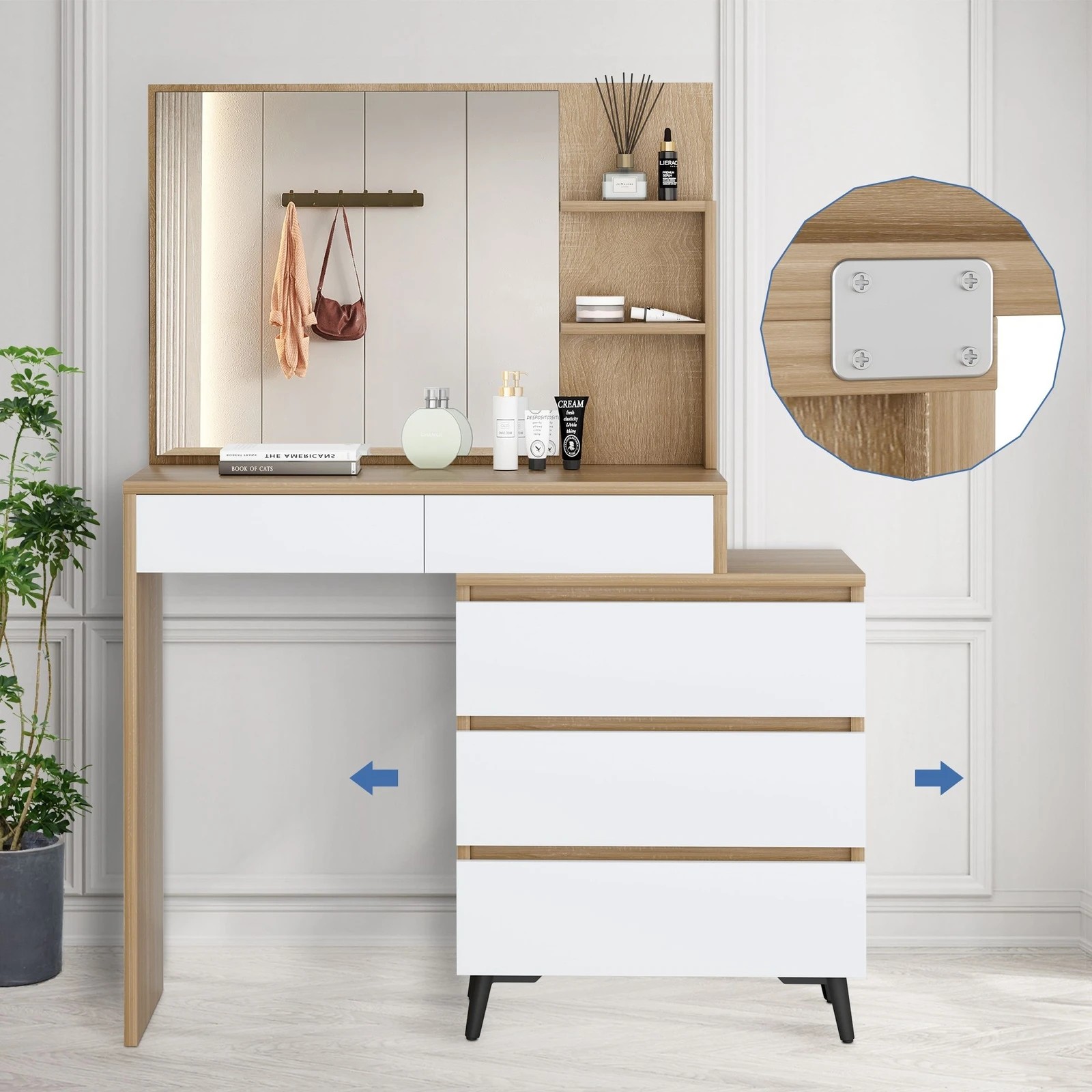 5 Alfordson Dressing Table Stool Set Makeup Mirror Desk Storage Drawers - Wood, 5 of 10