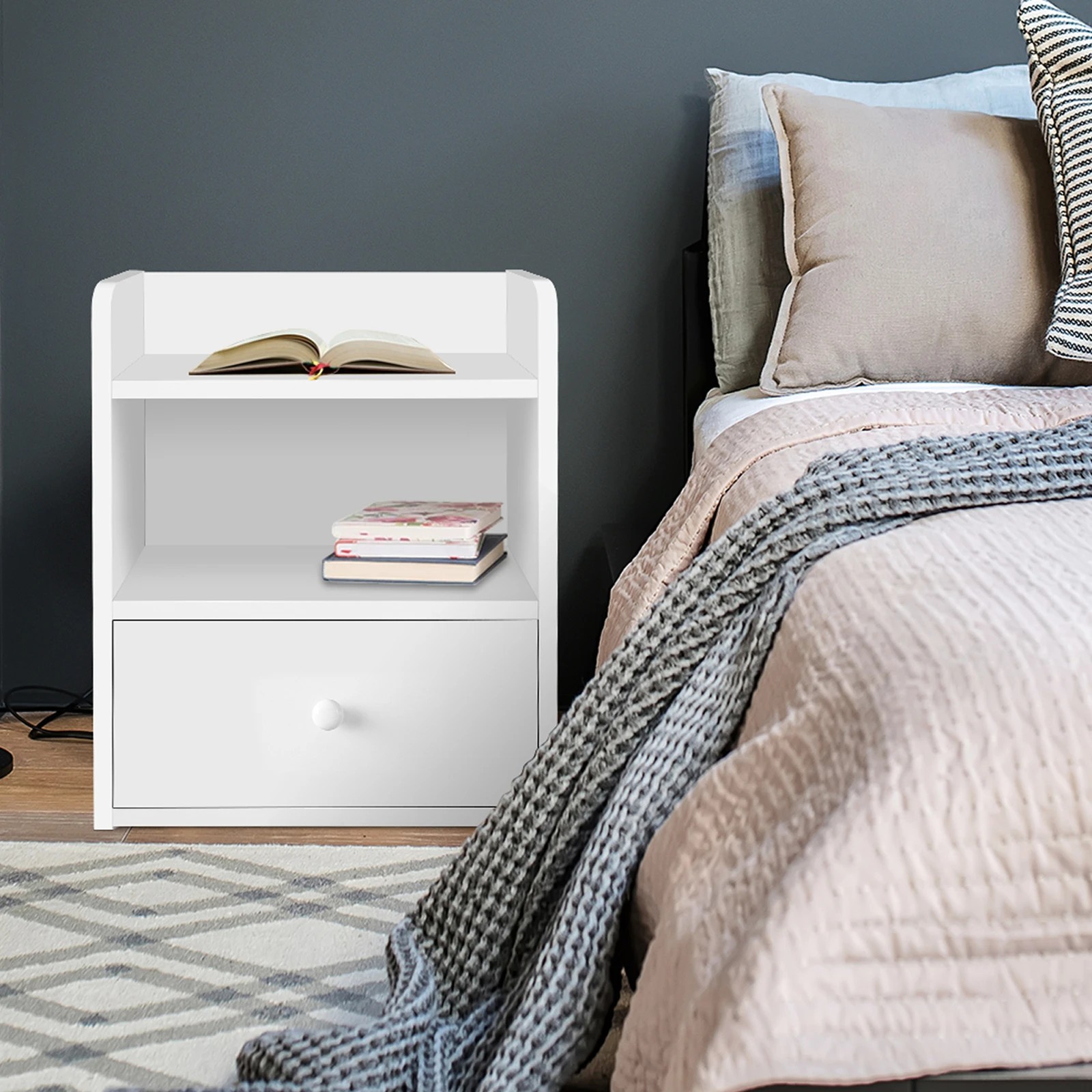 3 Alfordson Bedside Table Nightstand Storage Cabinet Side End 1 Drawer - White, 3 of 10