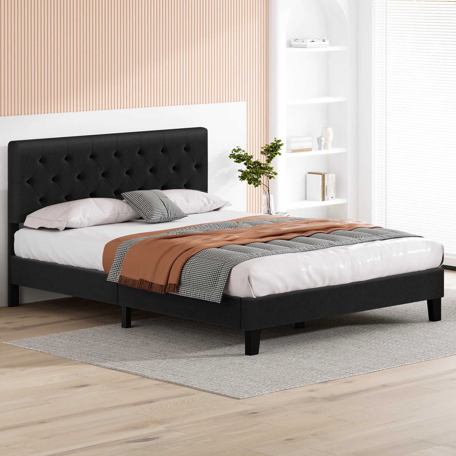 4 Alfordson Bed Frame Double Size Tufted Headboard Modern Fabric Meduna - Charcoal, 4 of 9