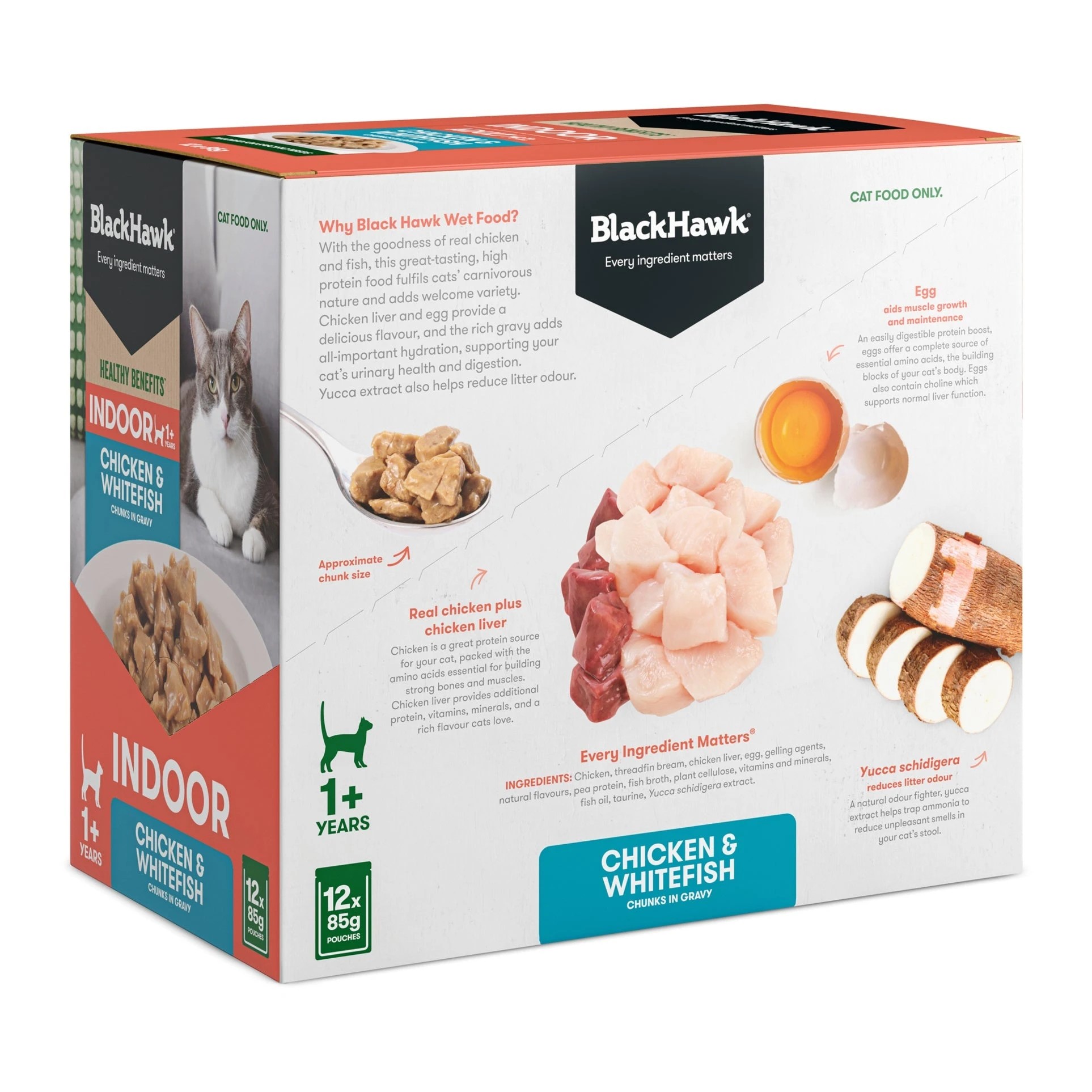 2 Black Hawk Healthy Benefits Indoor Adult Pouches Chicken And Whitefish 12 X 85g, 2 of 2