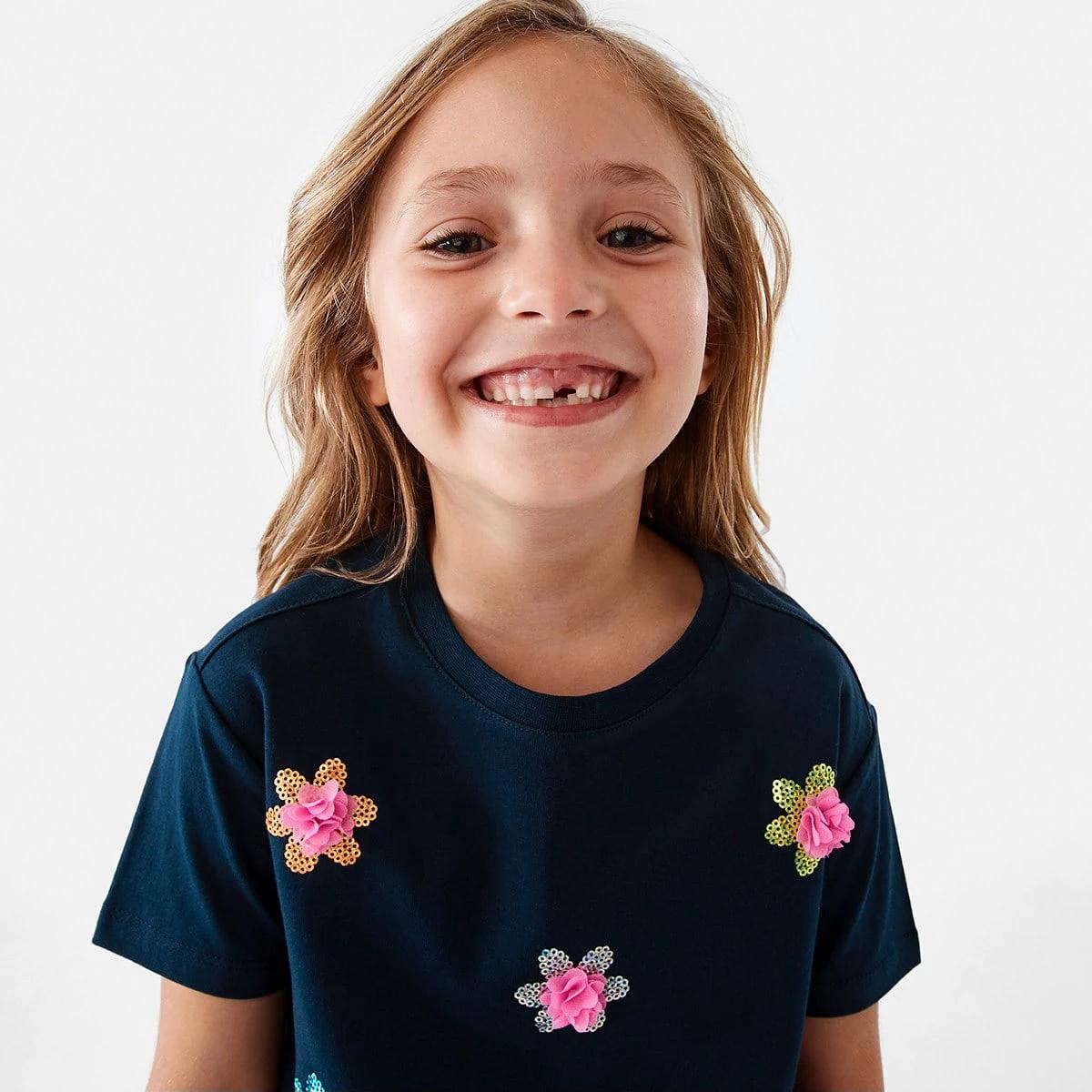 3 Short Sleeve Sequin T-shirt Navy Flwer, 3 of 8