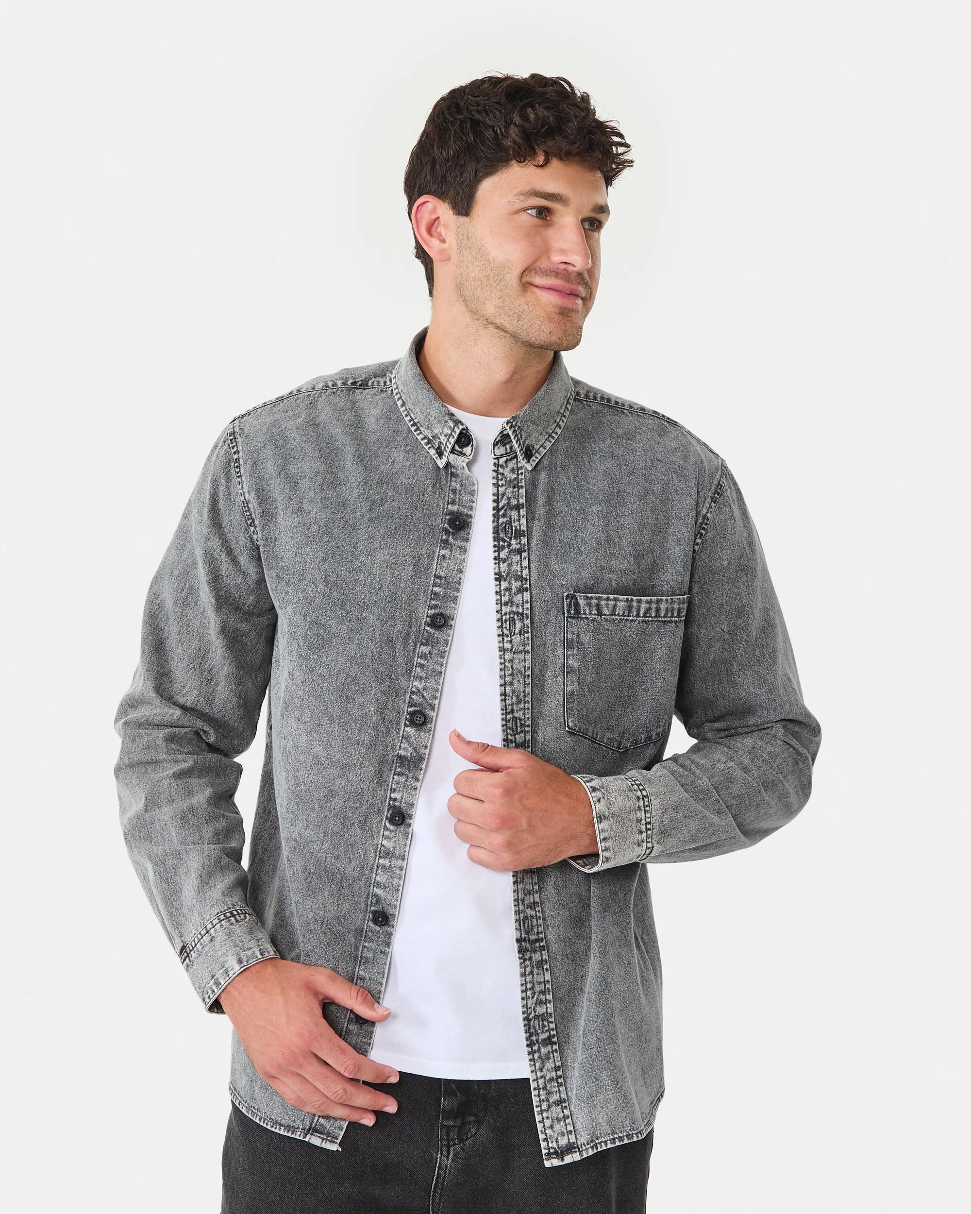 1 Long Sleeve Denim Shirt Wash Black, 1 of 9