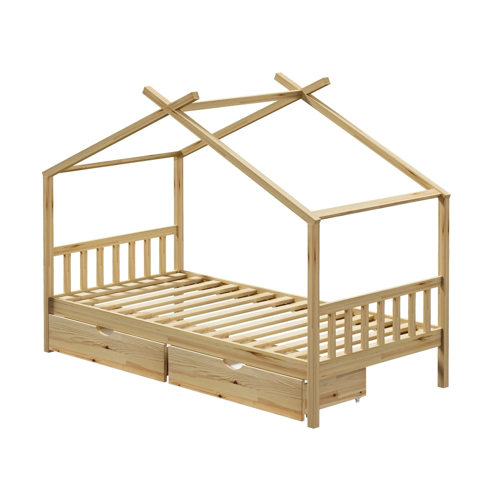 1 Oikiture Bed Frame Wooden Single Size Timber House Frame  With Storage Drawers
 - Natural, 1 of 10