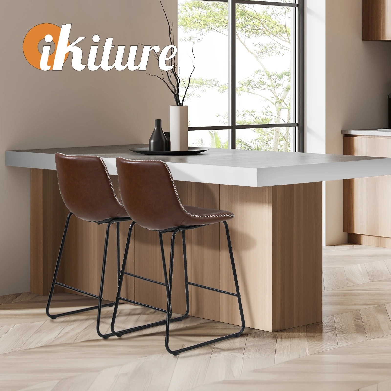 5 Oikiture 2x Bar Stools Kitchen Dining Chairs Leather Padded Stool
 - Brown, 5 of 10