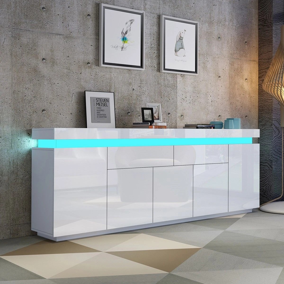 2 AUSWAY 180cm Wood Sideboard Cabinet 5 Doors Storage Buffet Table, 2 of 7