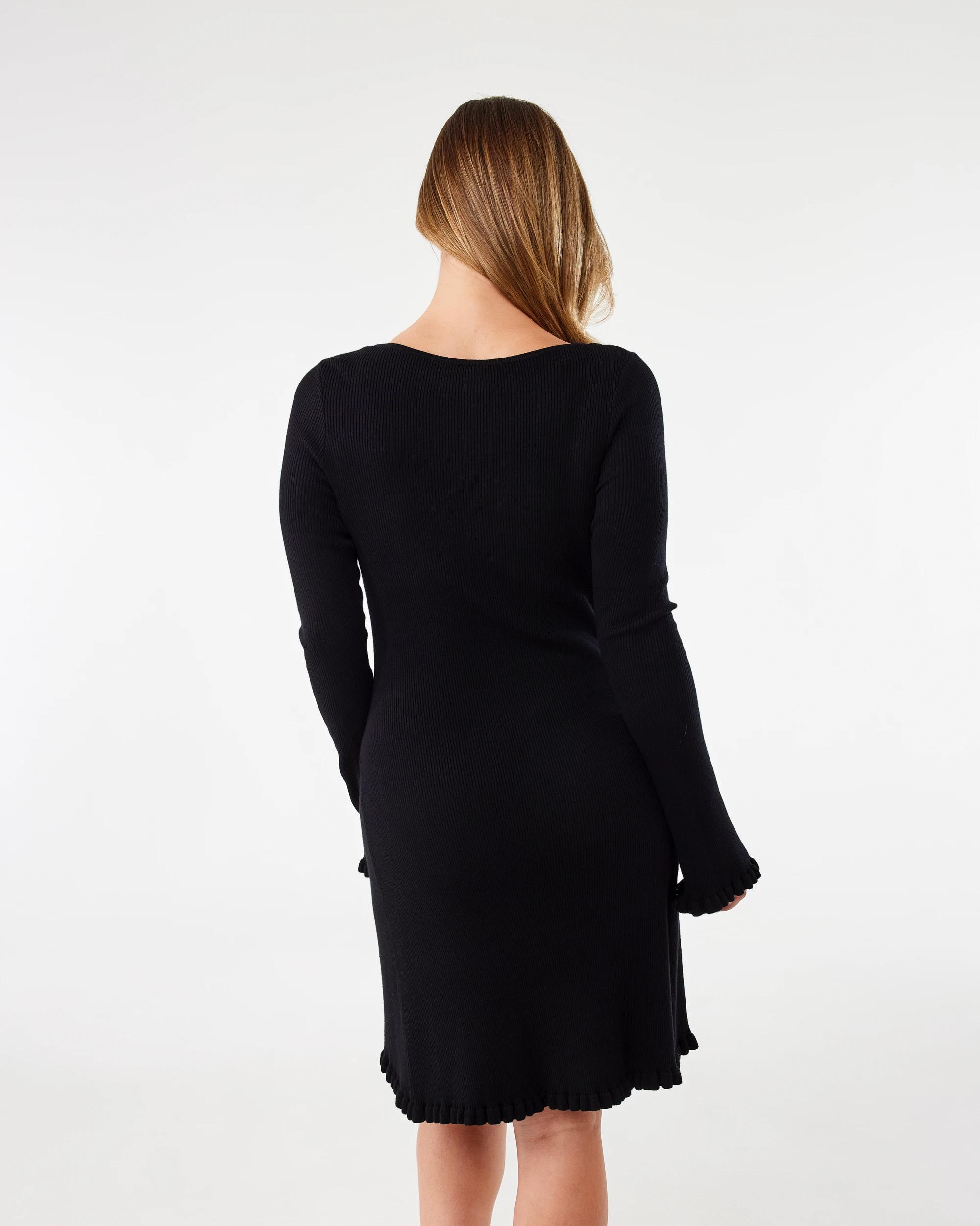 3 Long Sleeve True Knit Frill Detail Mini Dress Black, 3 of 7