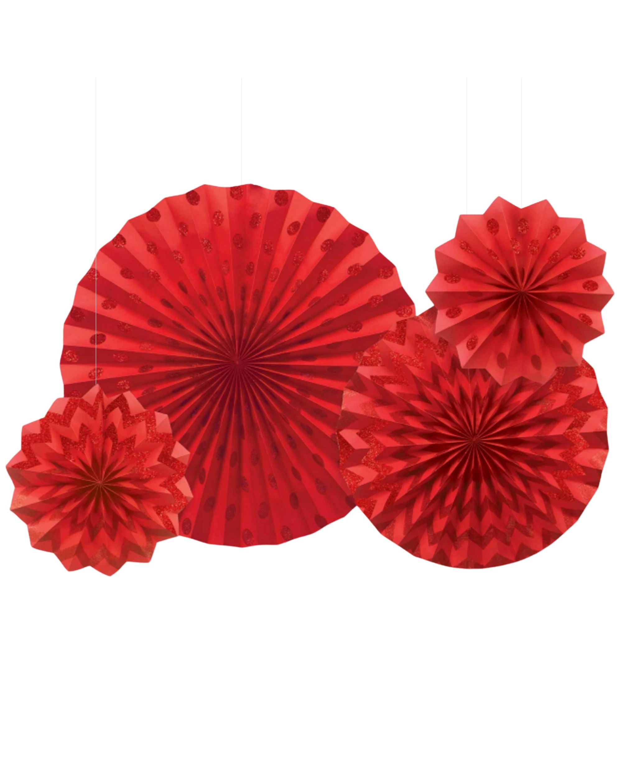 1 Anagram Glitter Polka Dot and Chevron Paper Fan Decorations Pack of 4 - Red, 1 of 1