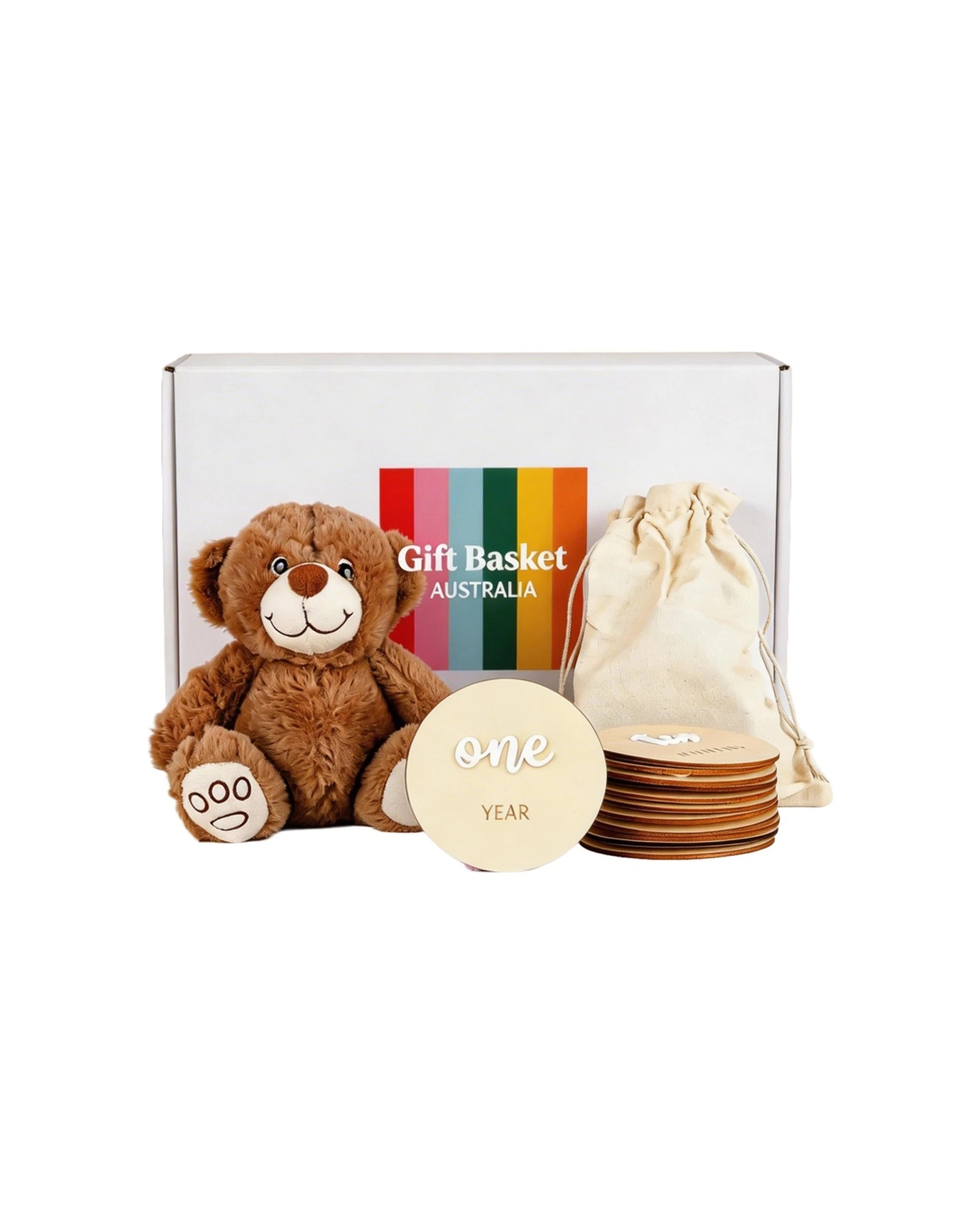 1 Gift Basket My First Teddy Set Stuffed Animal Bear Wooden Milestone Discs - Multi, 1 of 6
