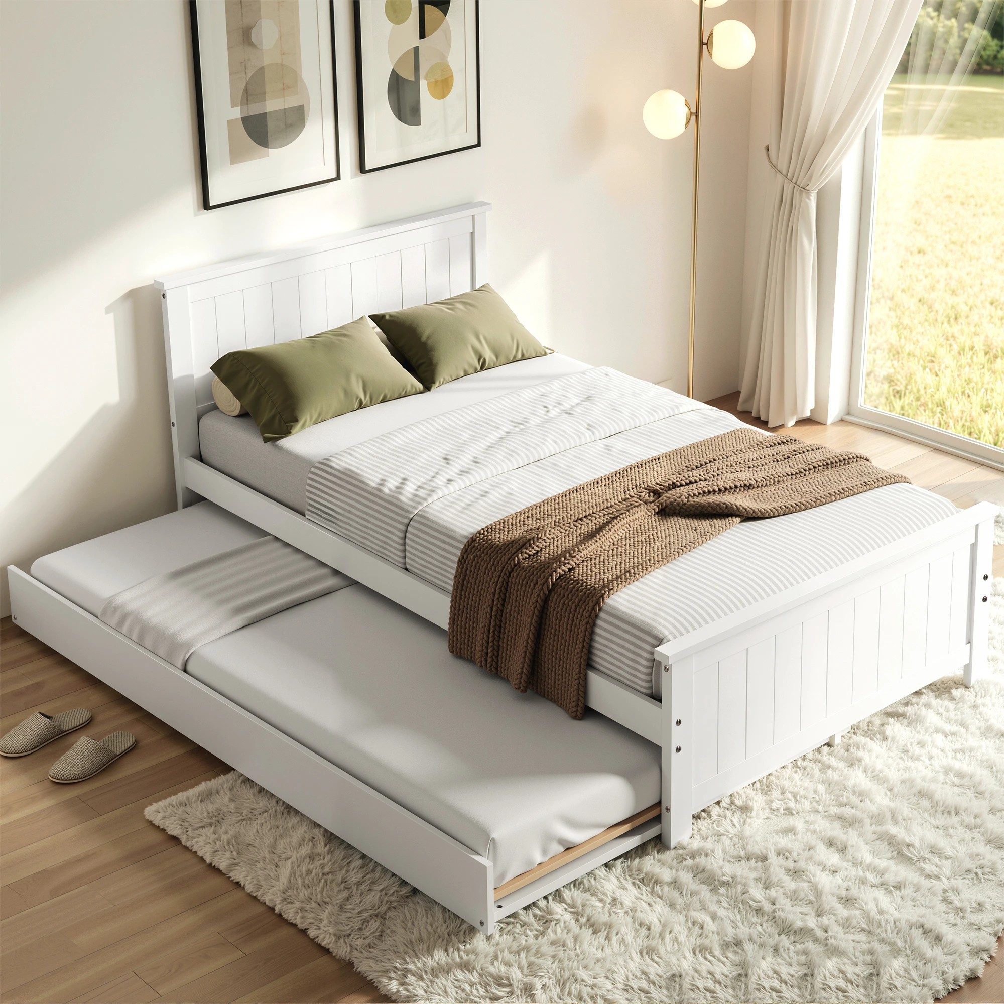 9 Artiss Single Bed Frame with Trundle Wood Toddler Bunk Bed with Headboard - White, 9 of 9