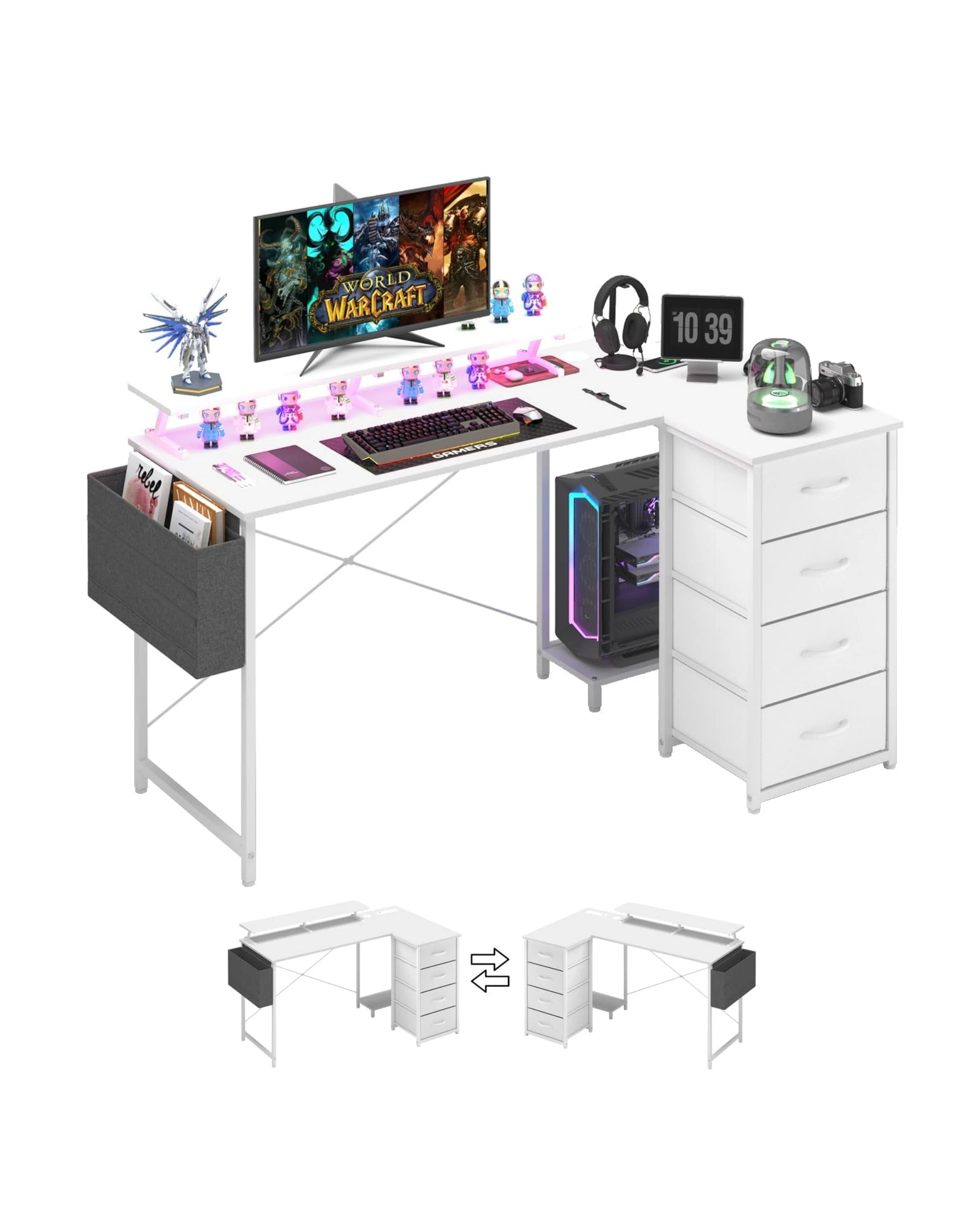 1 Advwin L Shaped Gaming Desk With Power Outlets 160cm Convertible LED Computer Desk With Monitor Stand White, 1 of 4