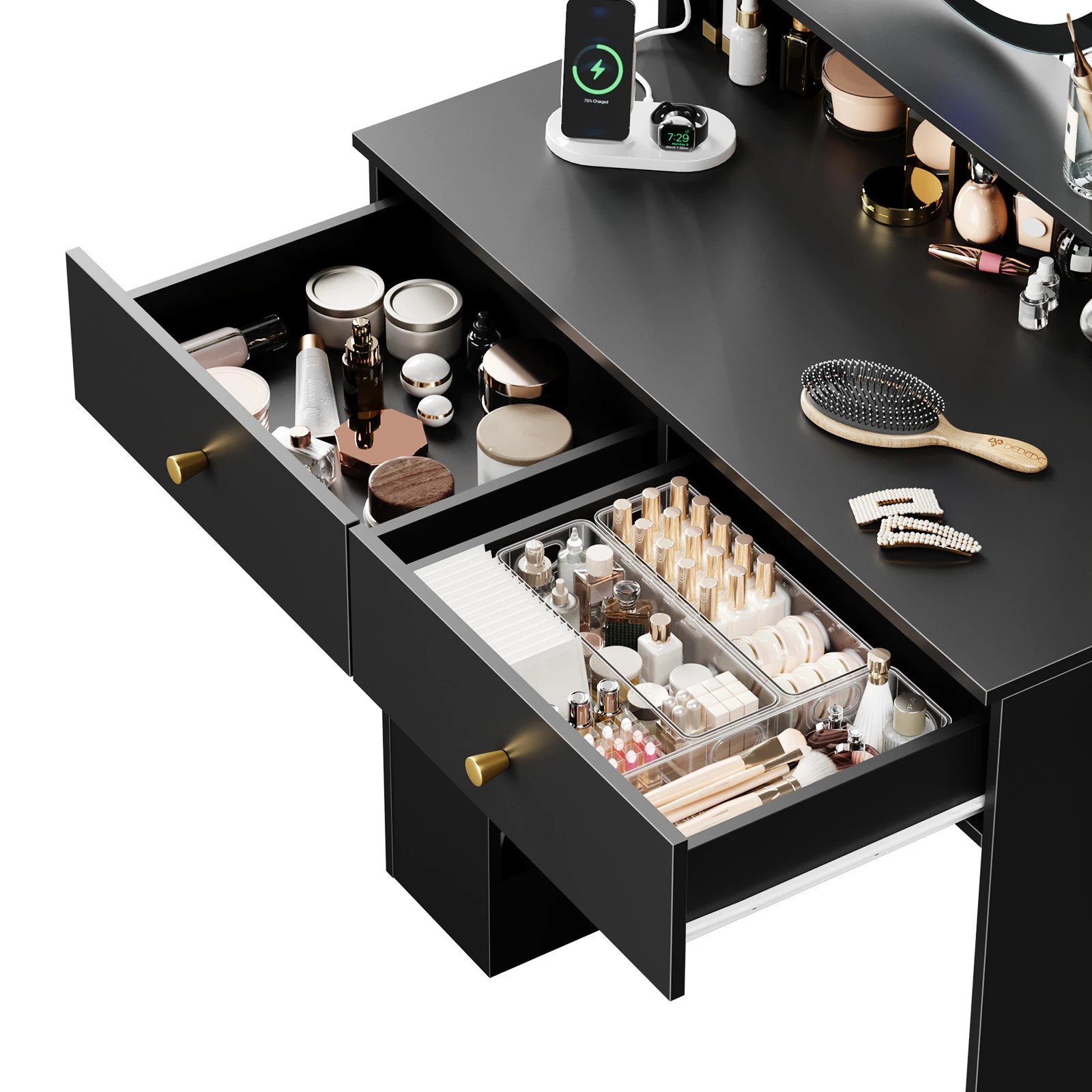 5 Advwin Dressing Table Set with LED Lighted Round Mirror - Black, 5 of 9