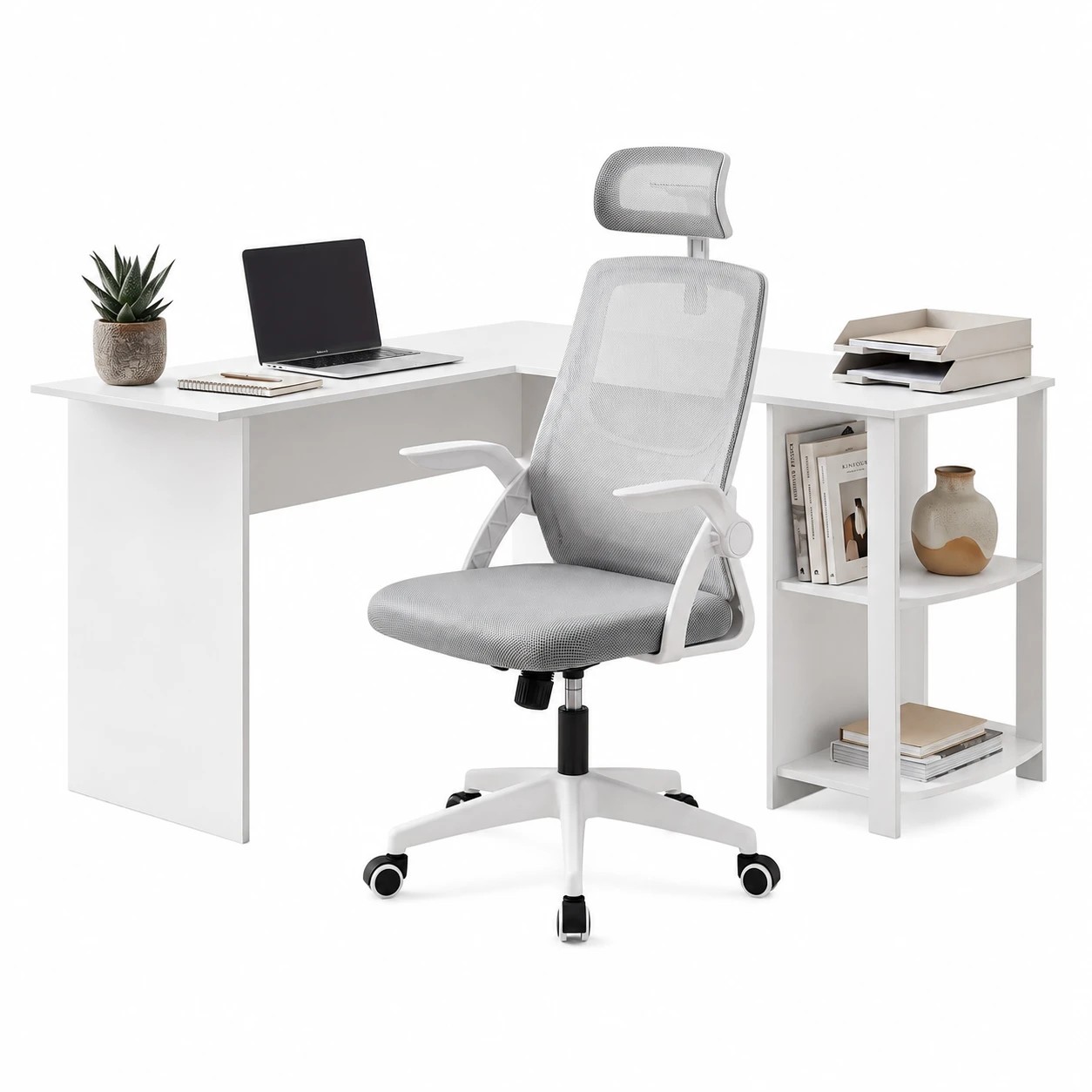 1 Artiss Office Desk & Chair Set 136cm L Shaped Computer Desk with Shelves Ergonomic Office Chair Adjustable - Multi, 1 of 8