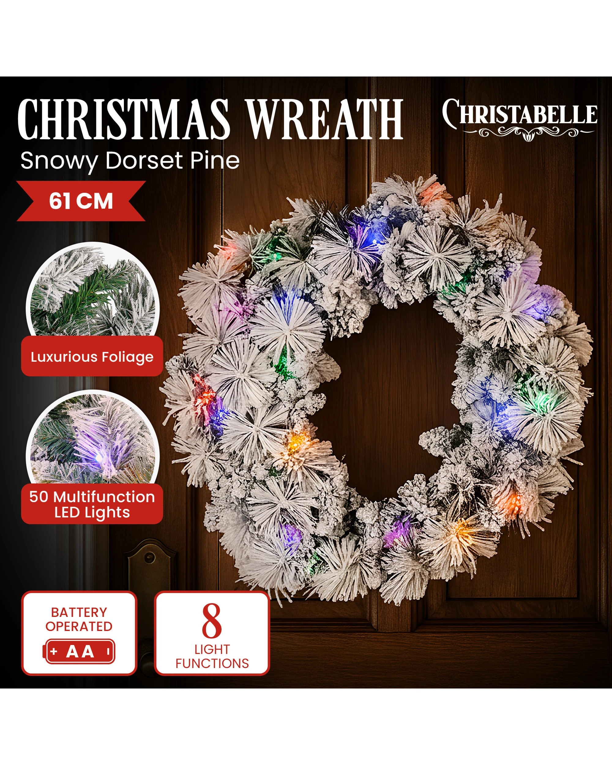 2 Christabelle 61cm Christmas Wreath Snowy Dorset Pine With Multi-function Led Lights Tree Door Decoration Ornament, 2 of 7