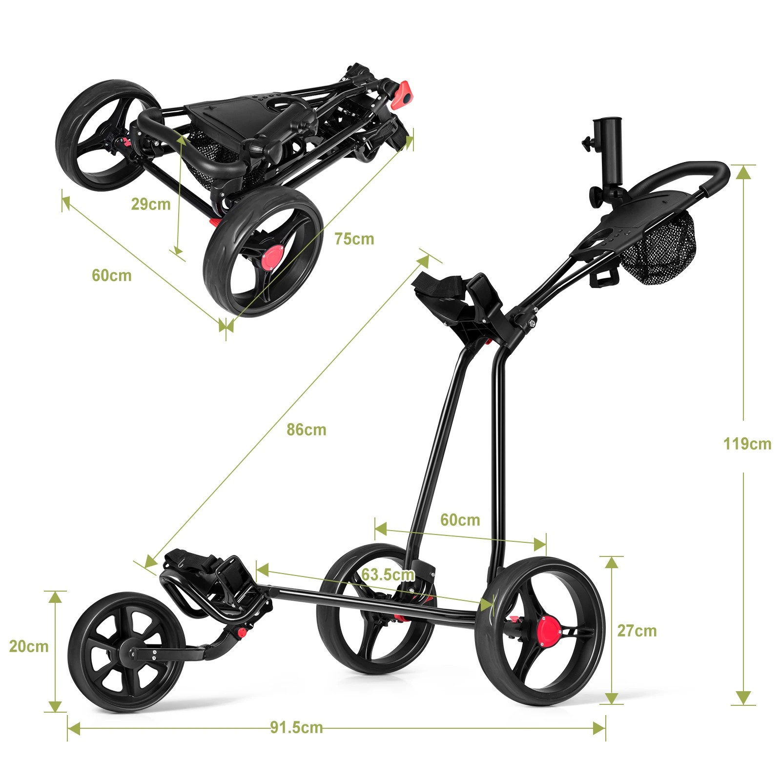2 Costway Foldable 3 Wheel Golf Push Cart Golf Pull Trolley w/Cup Holder & Foot Brake, 2 of 2
