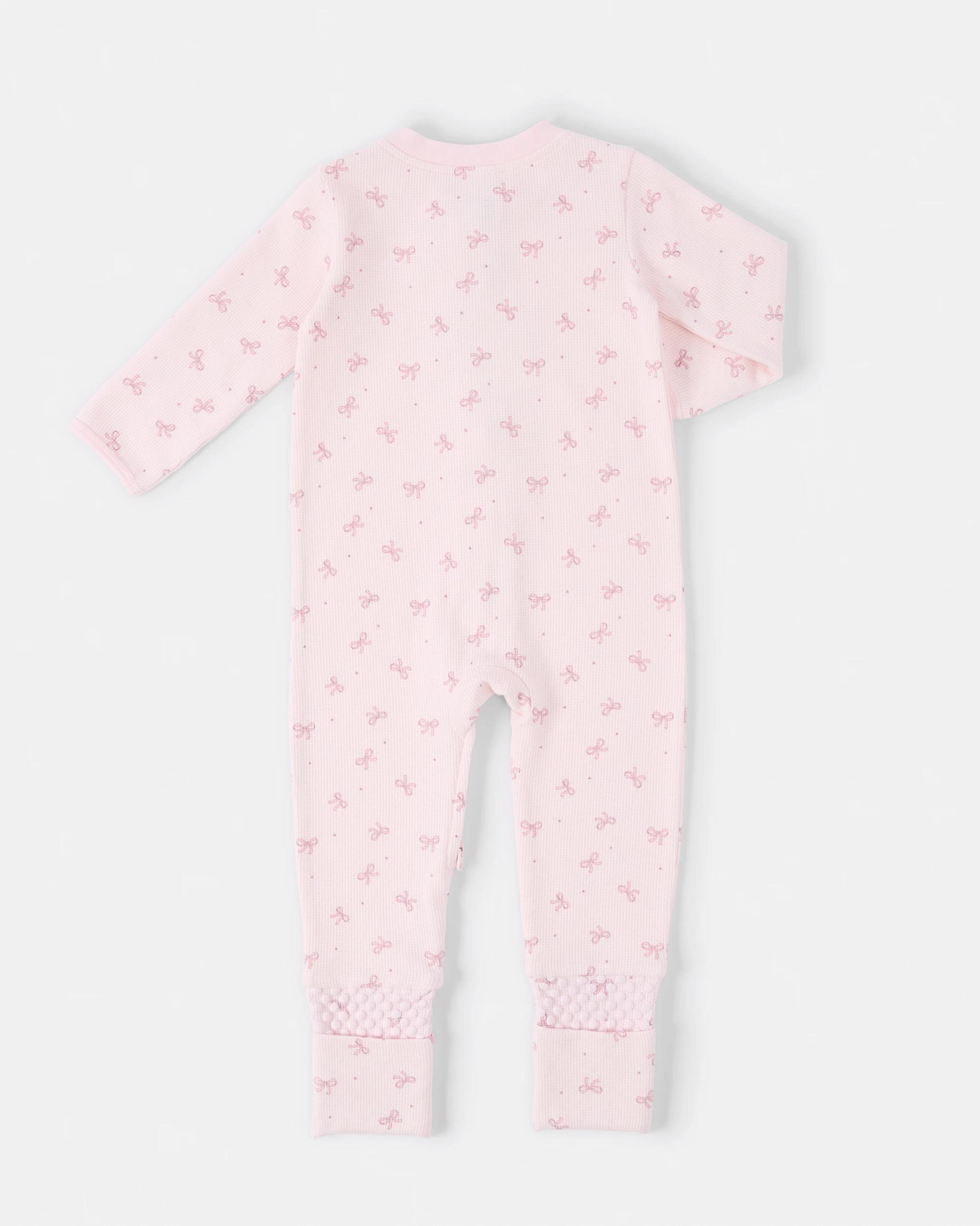 2 Cotton Waffle Turn Cuff Coverall Pnk Bows, 2 of 3