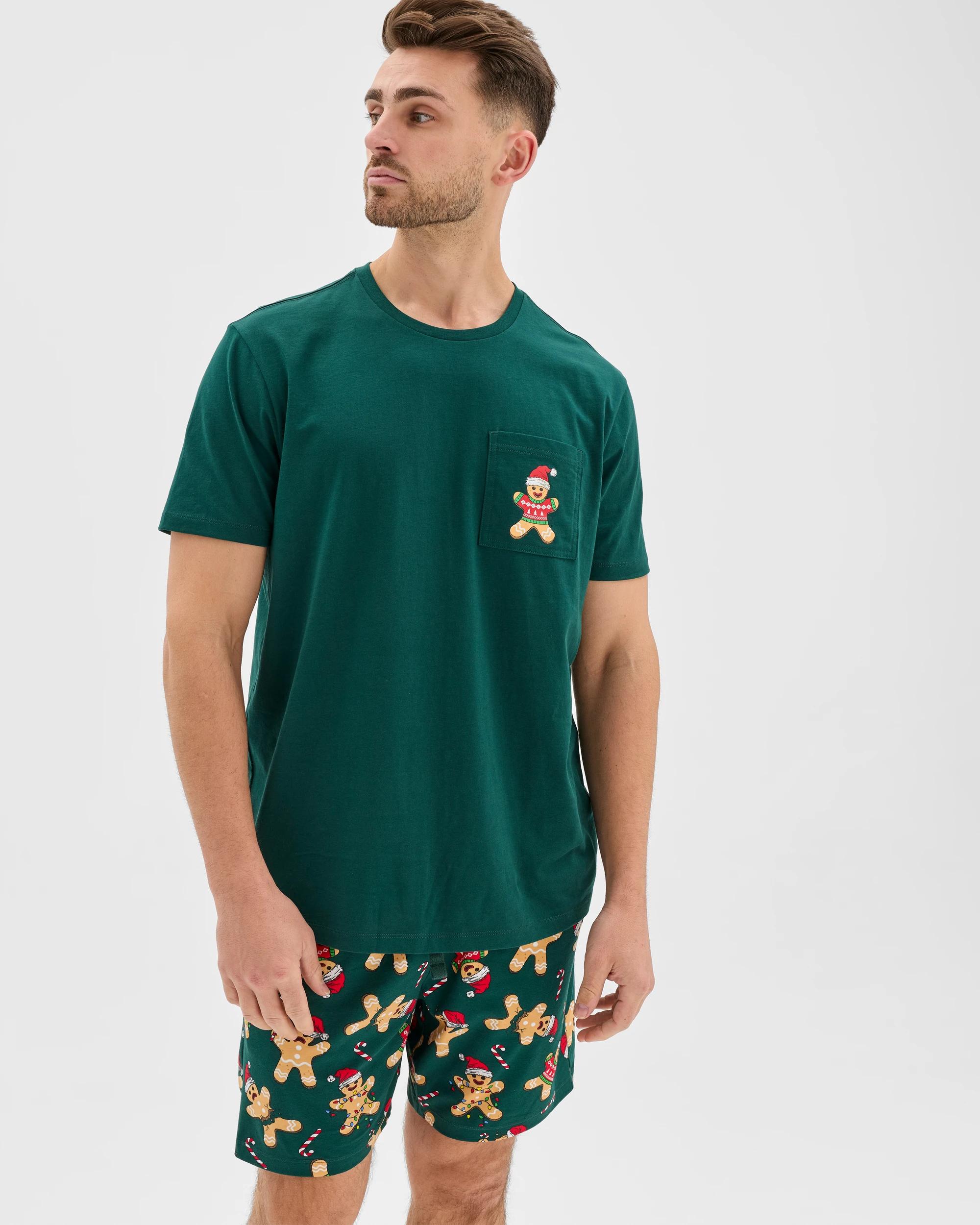 2 Maxx Australian Cotton Short Sleeve Top & Shorts Christmas Pyjama Set GREEN CHRISTMAS GINGERBREAD, 2 of 7