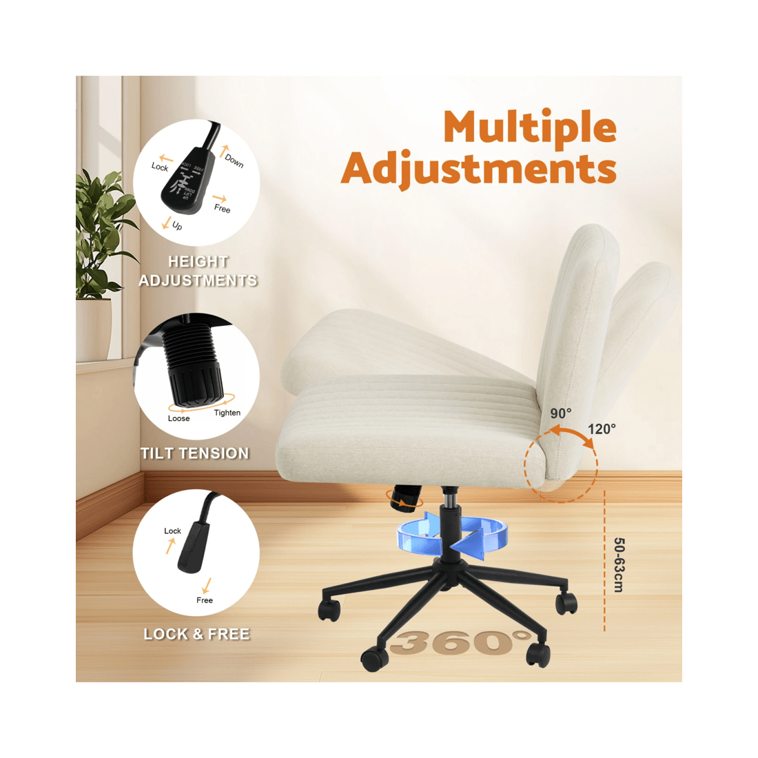 5 Advwin Armless Cross-Legged Office Chair Swivel Vanity Chair Beige, 5 of 9