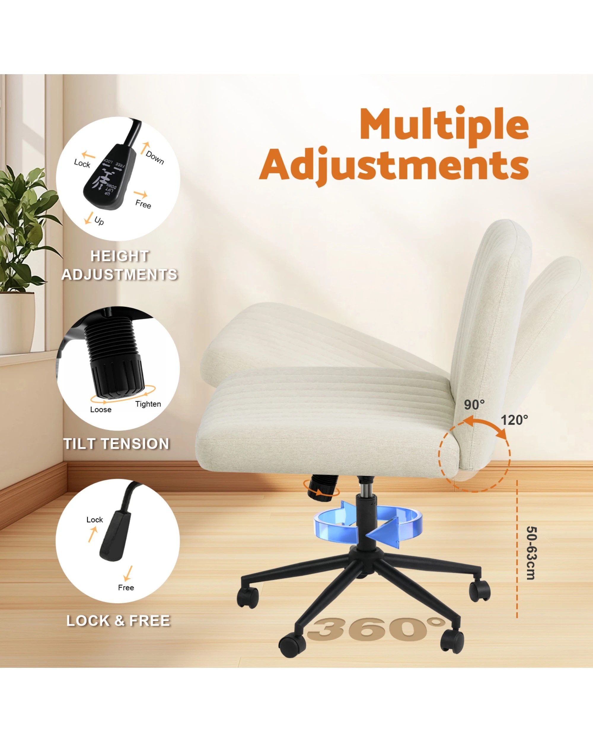 5 Advwin Armless Cross-Legged Office Chair Swivel Vanity Chair Beige, 5 of 9