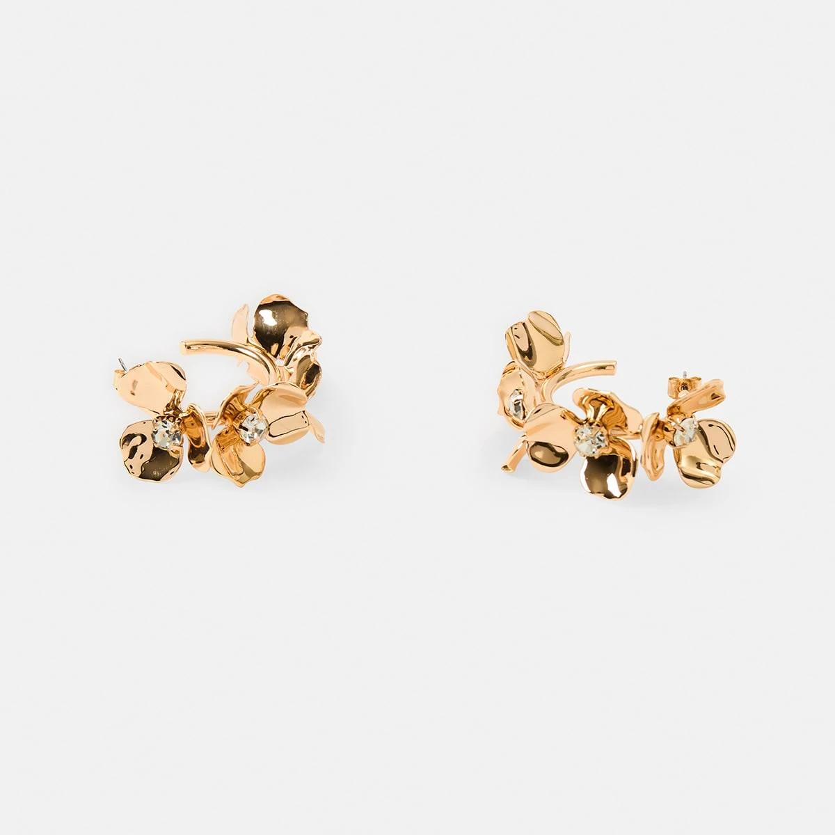 2 Diamante Flower Hoop Earrings - Gold Tone Gold, 2 of 5
