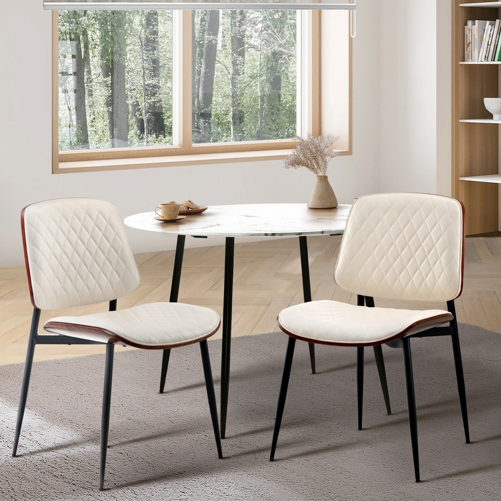 2 Oikiture 2x Dining Chairs Retro Faux Leather Solid Beech Wood Metal Legs
 - White, 2 of 10