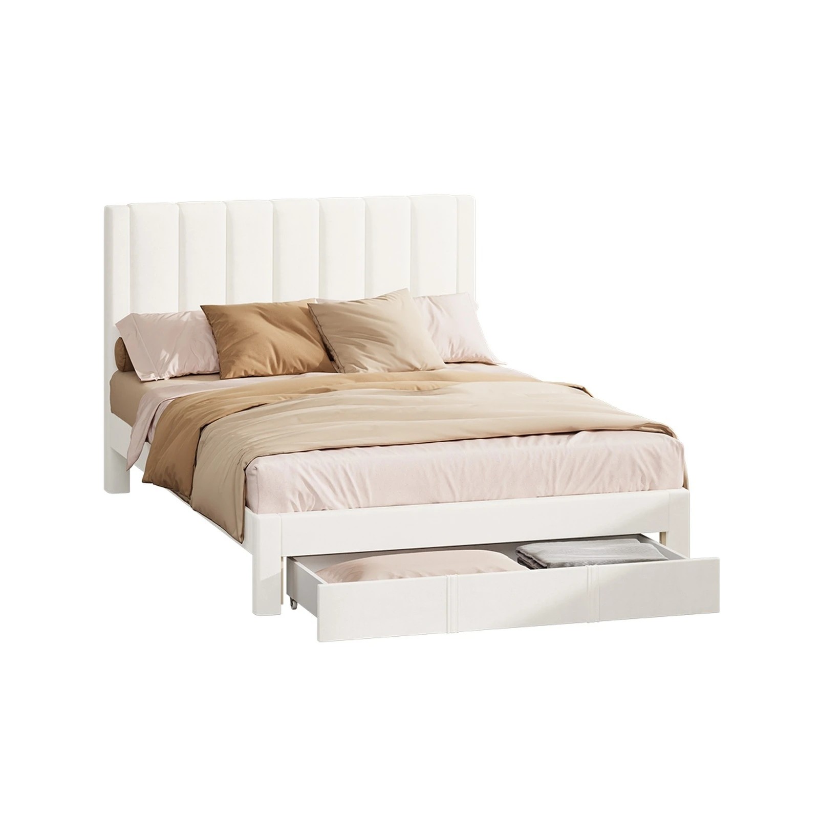 1 Oikiture Bed Frame Double Size Headboard Platform Base with Drawer - Beige, 1 of 8