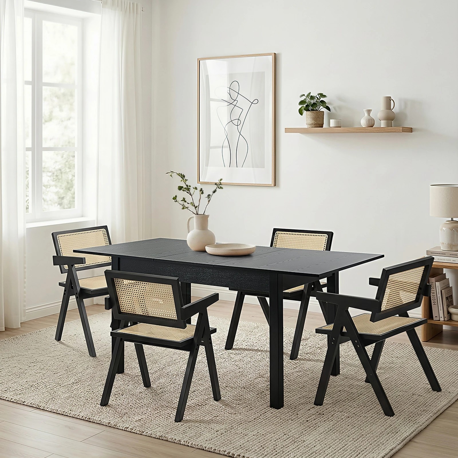 4 Oikiture 5pc Extenable Dining Table and Chairs Wooden Dining Set Ratten - Black, 4 of 10