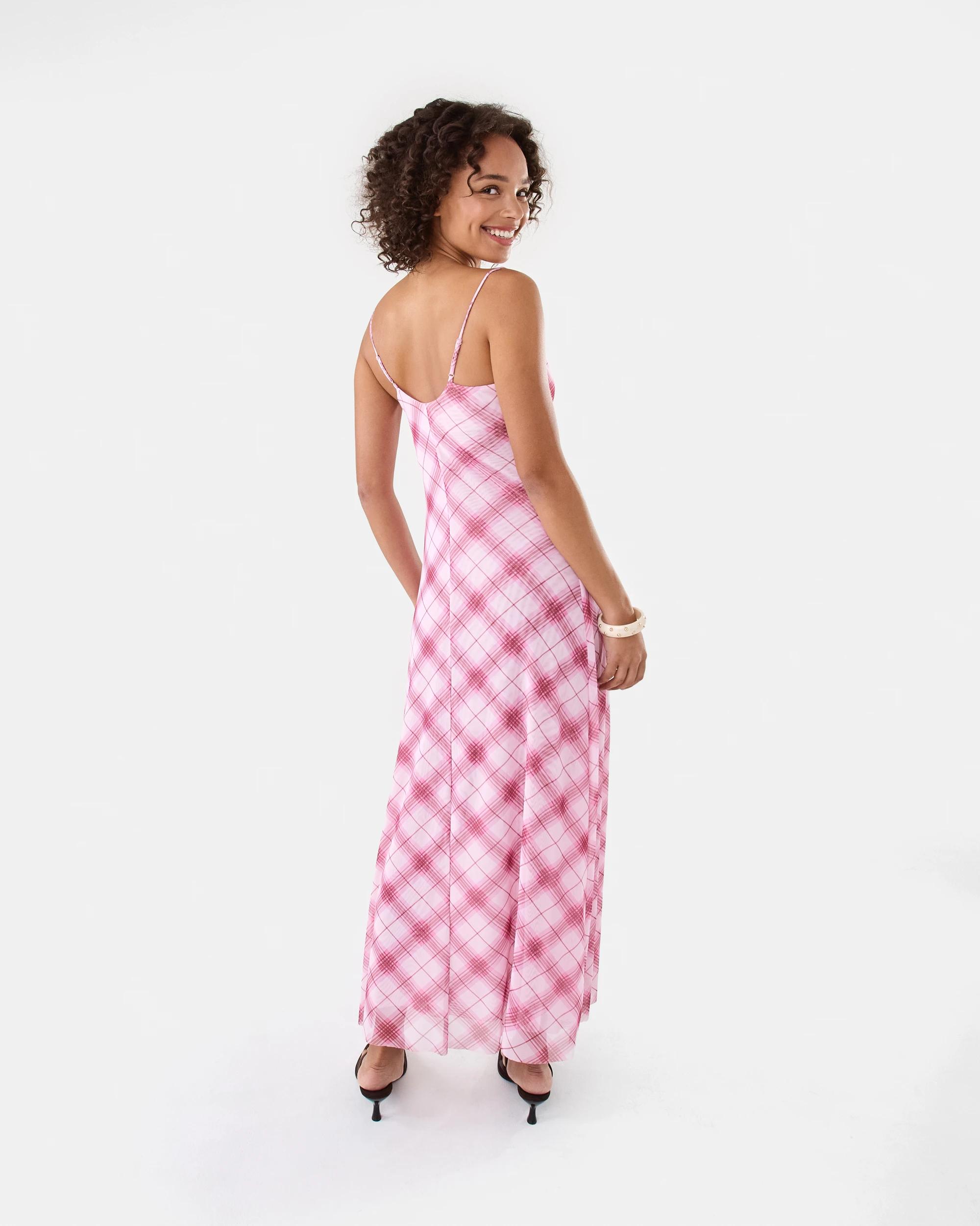 5 Sleeveless Mesh Cowl Neck Maxi Dress Pink Check, 5 of 8