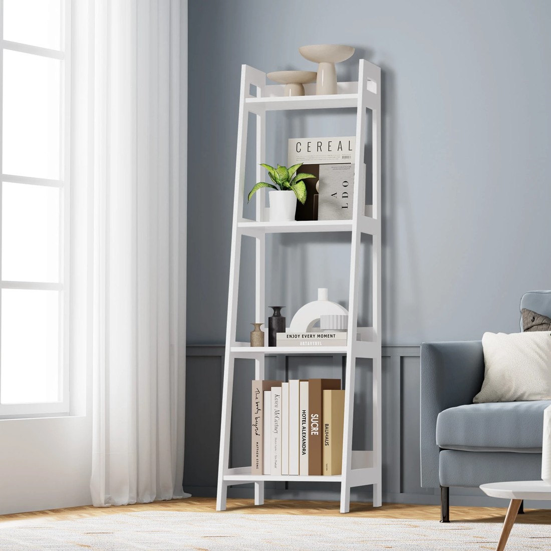 2 Oikiture Bookshelf 4 Tier Corner Ladder Shelf Home Storage Display Rack
 - White, 2 of 9