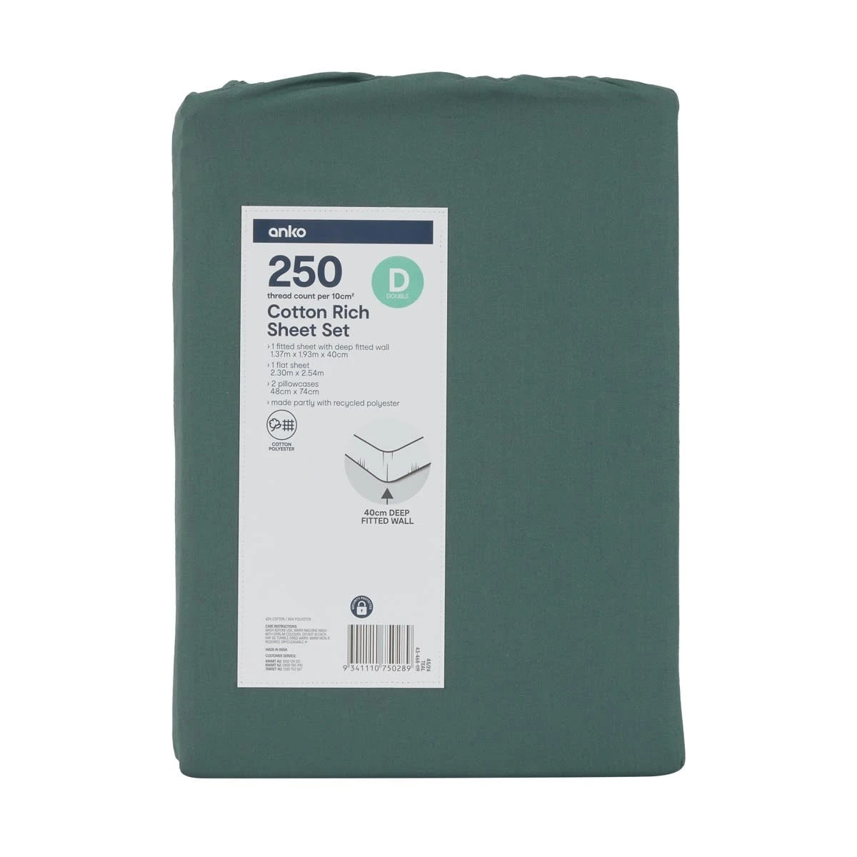 7 250 Thread Count Cotton Rich Sheet Set - Double Bed, Teal, 7 of 7