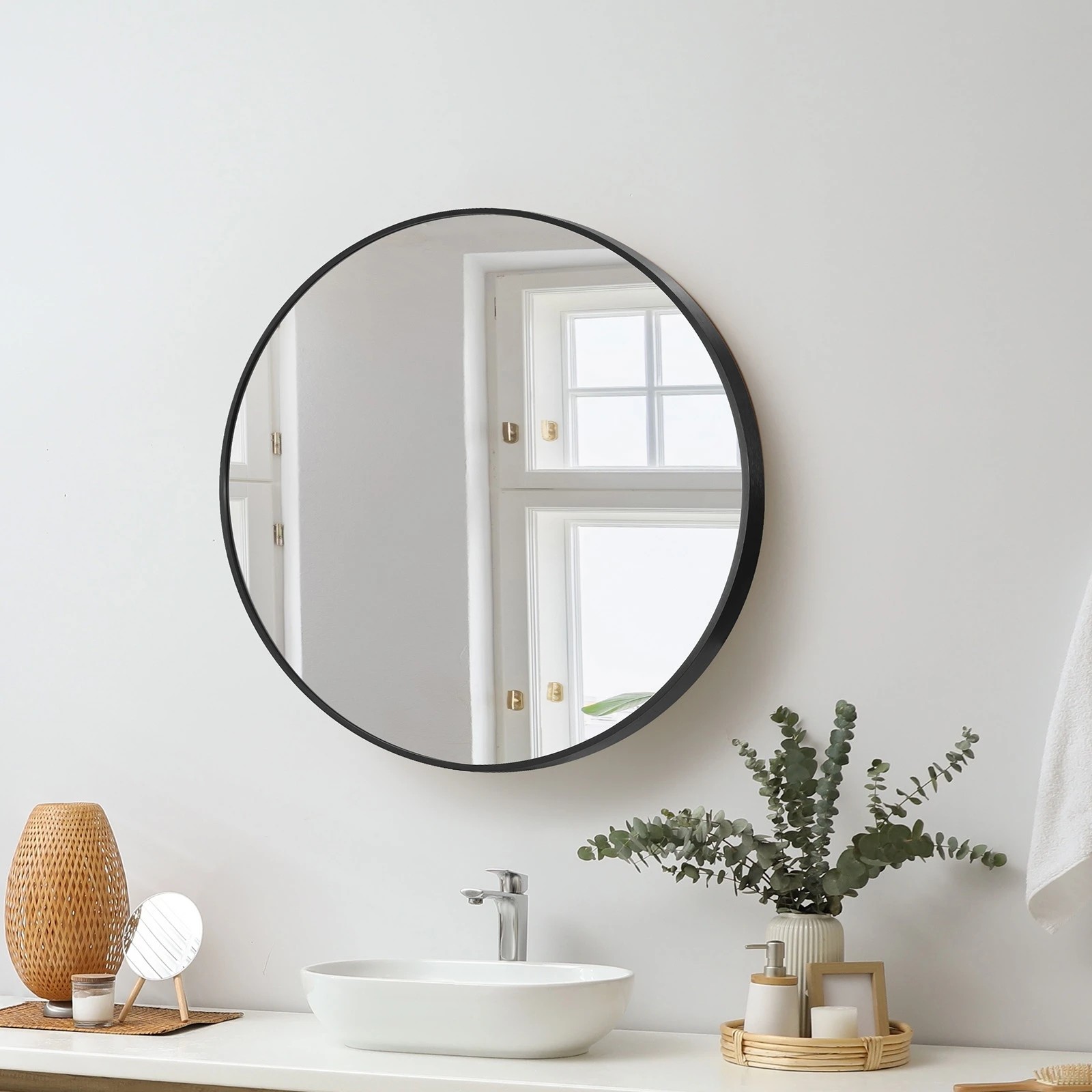 2 Oikiture Wall Mirrors Round Makeup Mirror Vanity Home Decor 50cm Bedroom
 - Black, 2 of 9