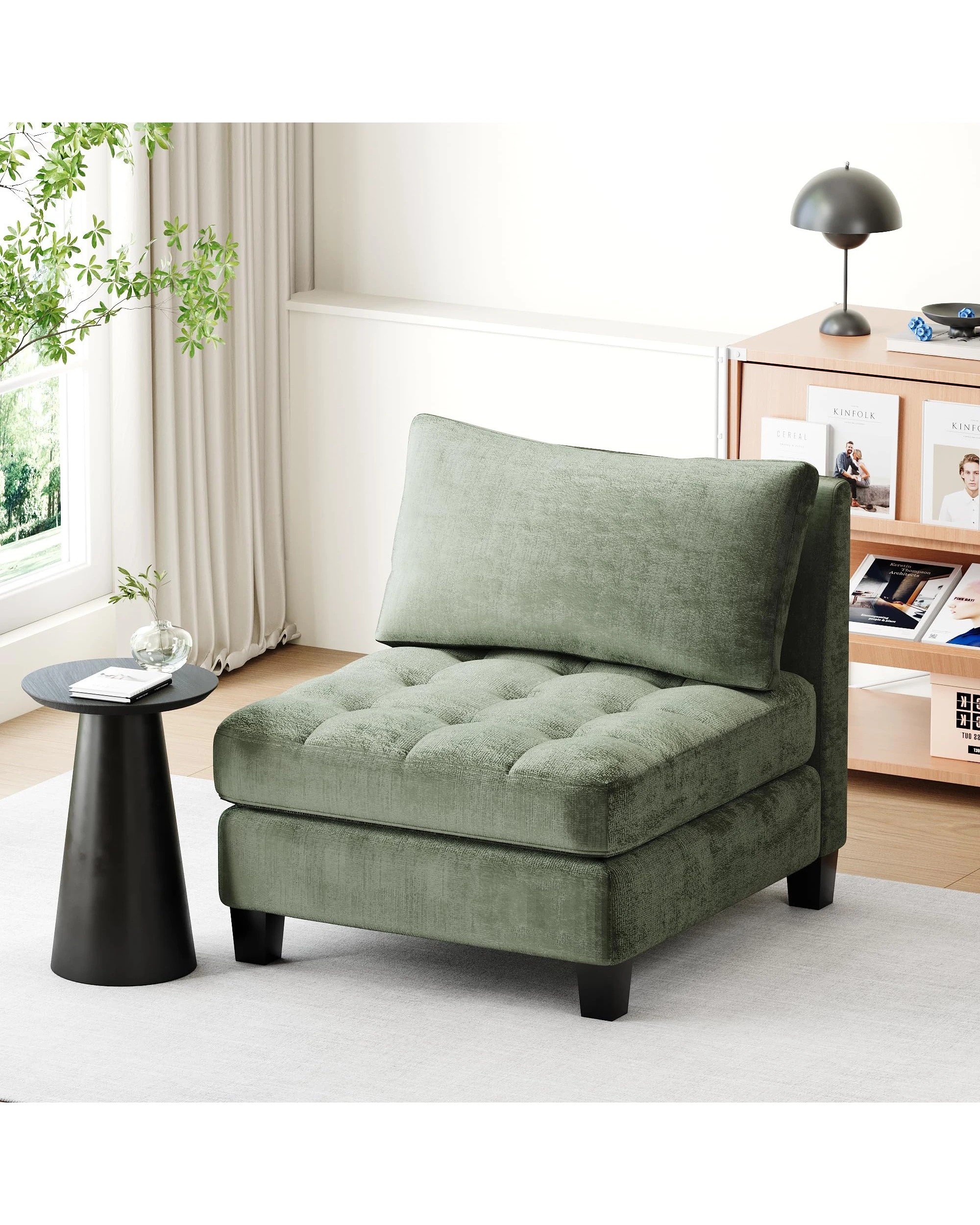 1 Advwin Armless Sofa Chair Chenille Fabric Modular Modern Lounge Chair Couch Green, 1 of 4