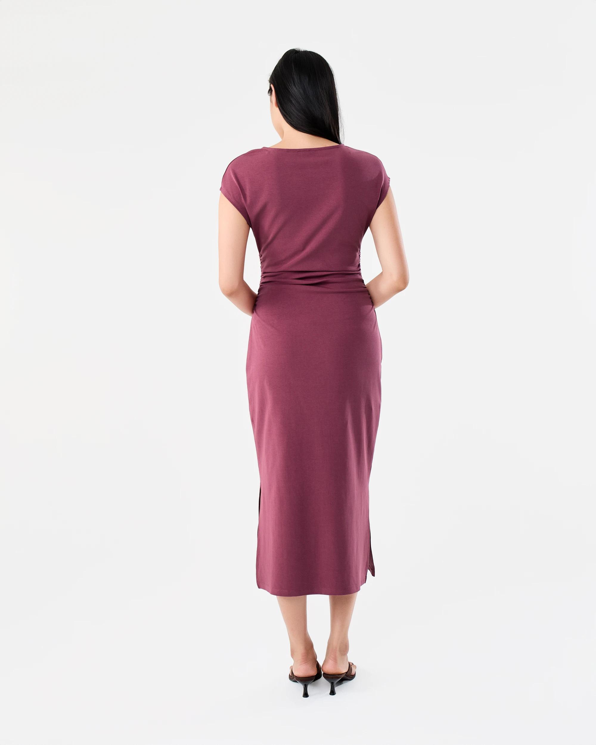 3 Short Sleeve Gathered Waist Midi Dress Maroon, 3 of 9