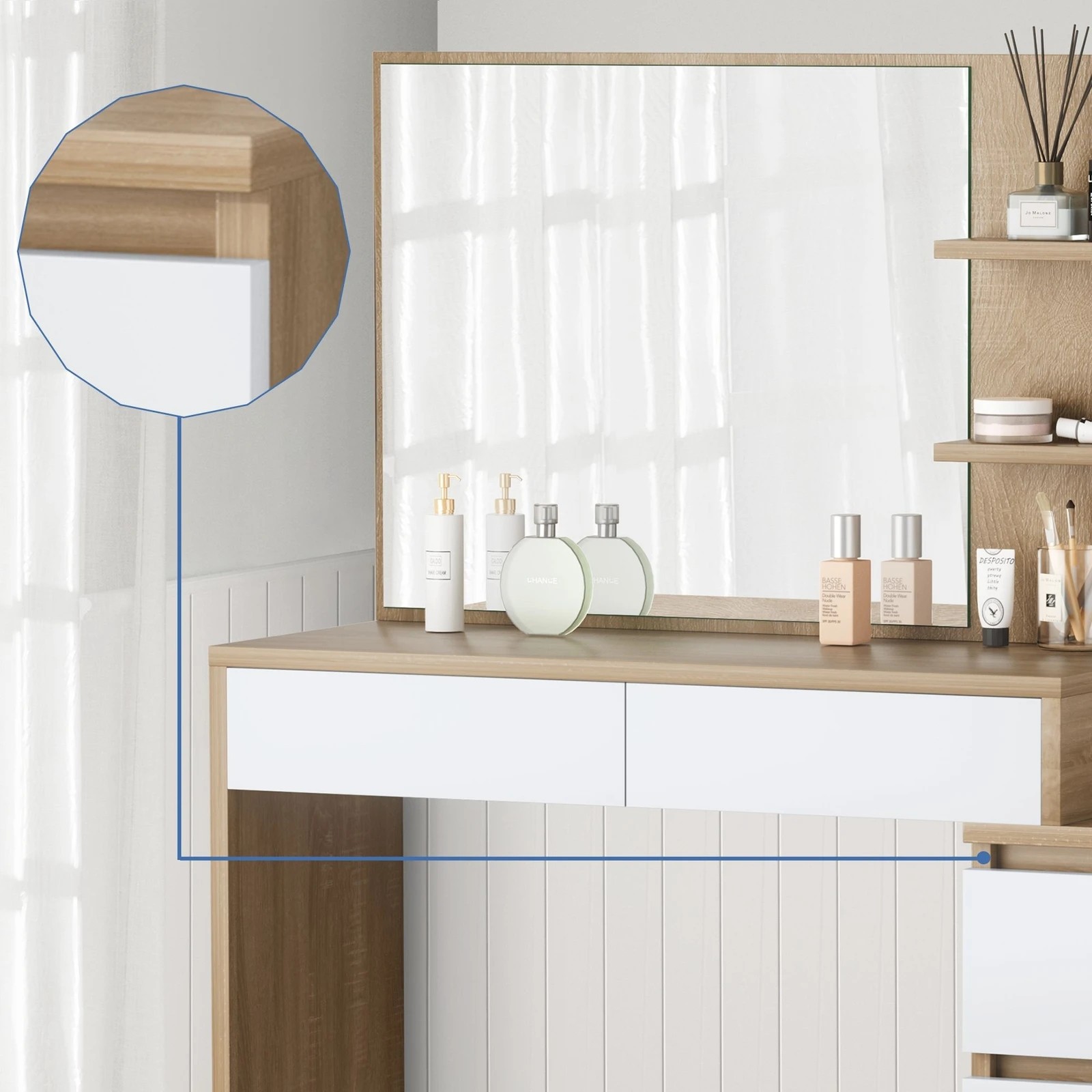 3 Alfordson Dressing Table Stool Set Makeup Mirror Desk Storage Drawers - Wood, 3 of 10