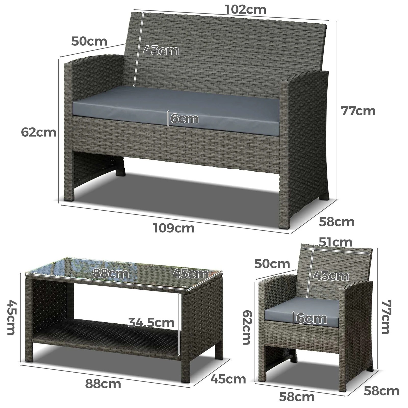 6 Alfordson Outdoor Furniture 4PCS Garden Patio Chairs Table Set Wicker With Pillow - Dark Grey, 6 of 9