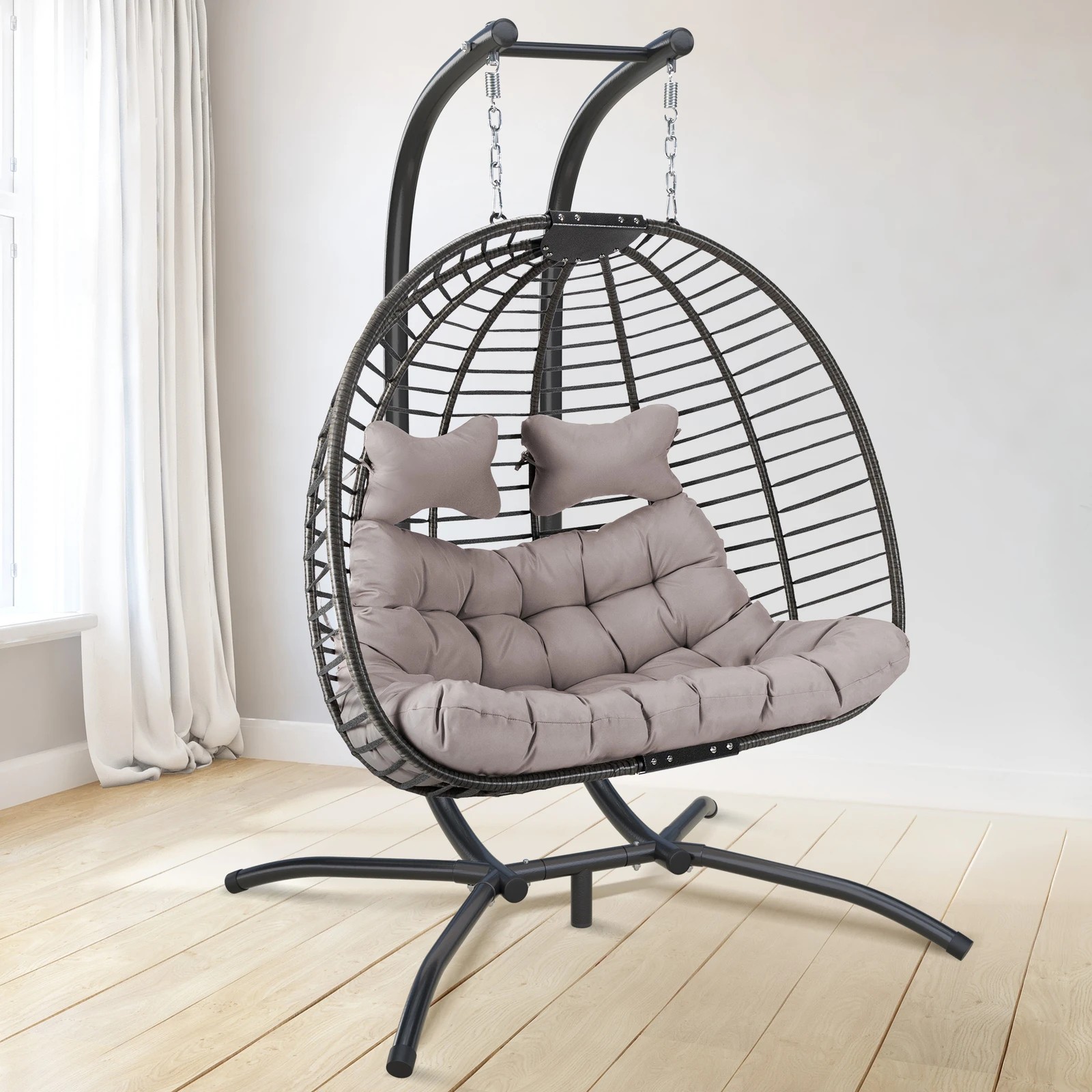 4 Alfordson Outdoor Egg Swing Chair 2 Seater Wicker Rattan Pod Hanging - Light Grey, 4 of 10