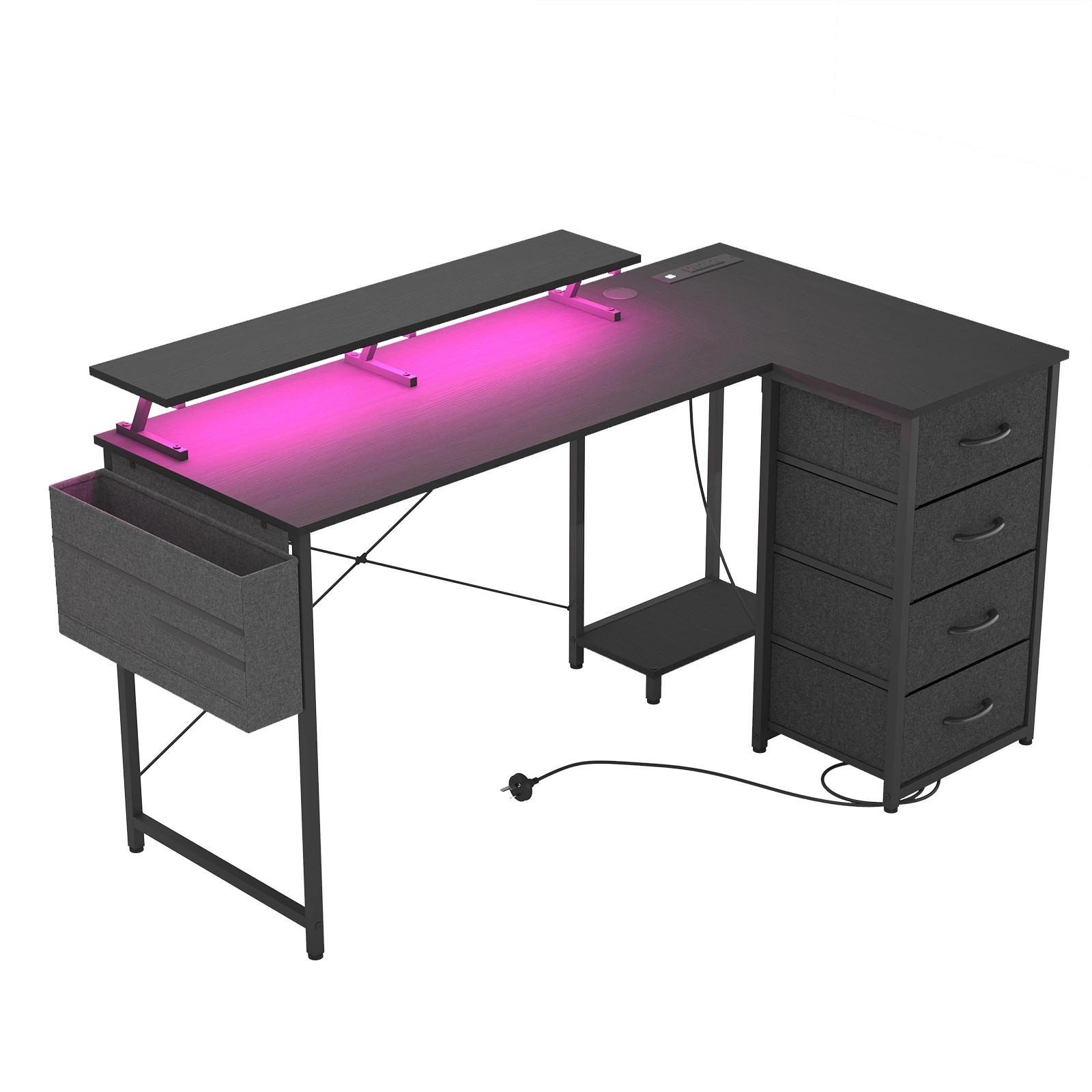 1 Advwin L Shaped Gaming Desk 140cm With Led Lights & Power Outlets Convertible Computer Desk - Black, 1 of 9