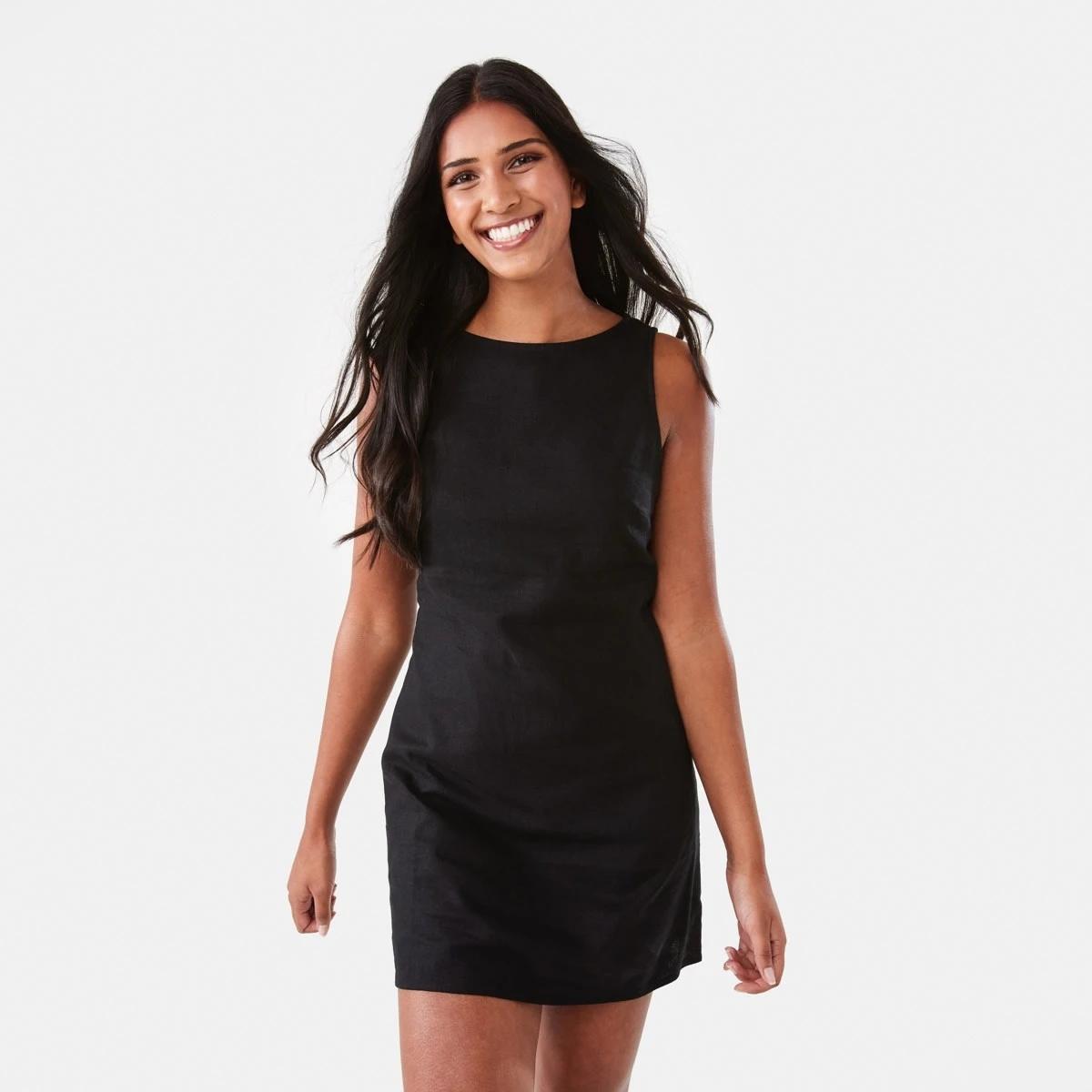 1 Sleeveless Boat Neck Linen Blend Mini Dress Black, 1 of 10