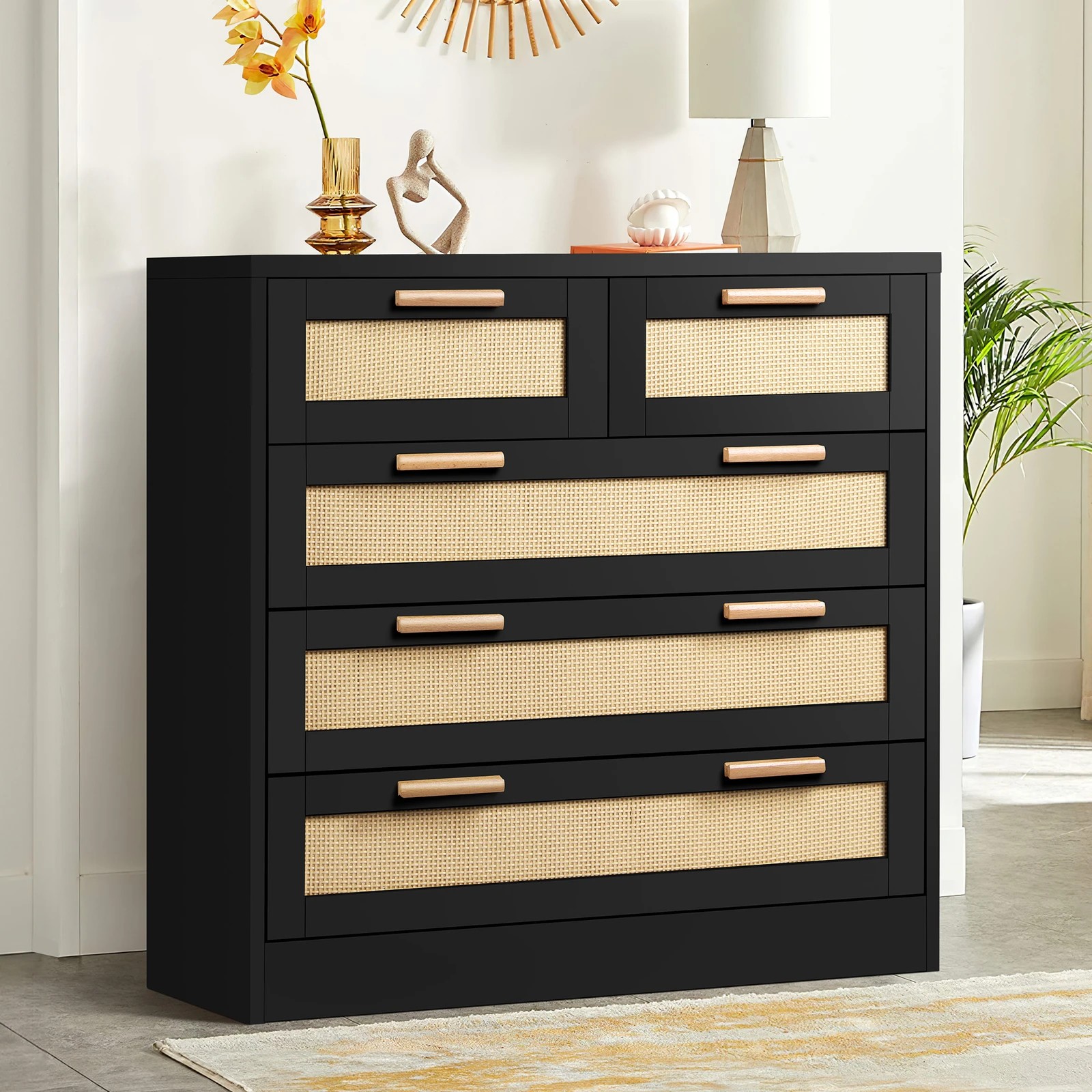 2 Alfordson 5 Chest of Drawers Rattan Cabinet Dresser - Black, 2 of 8