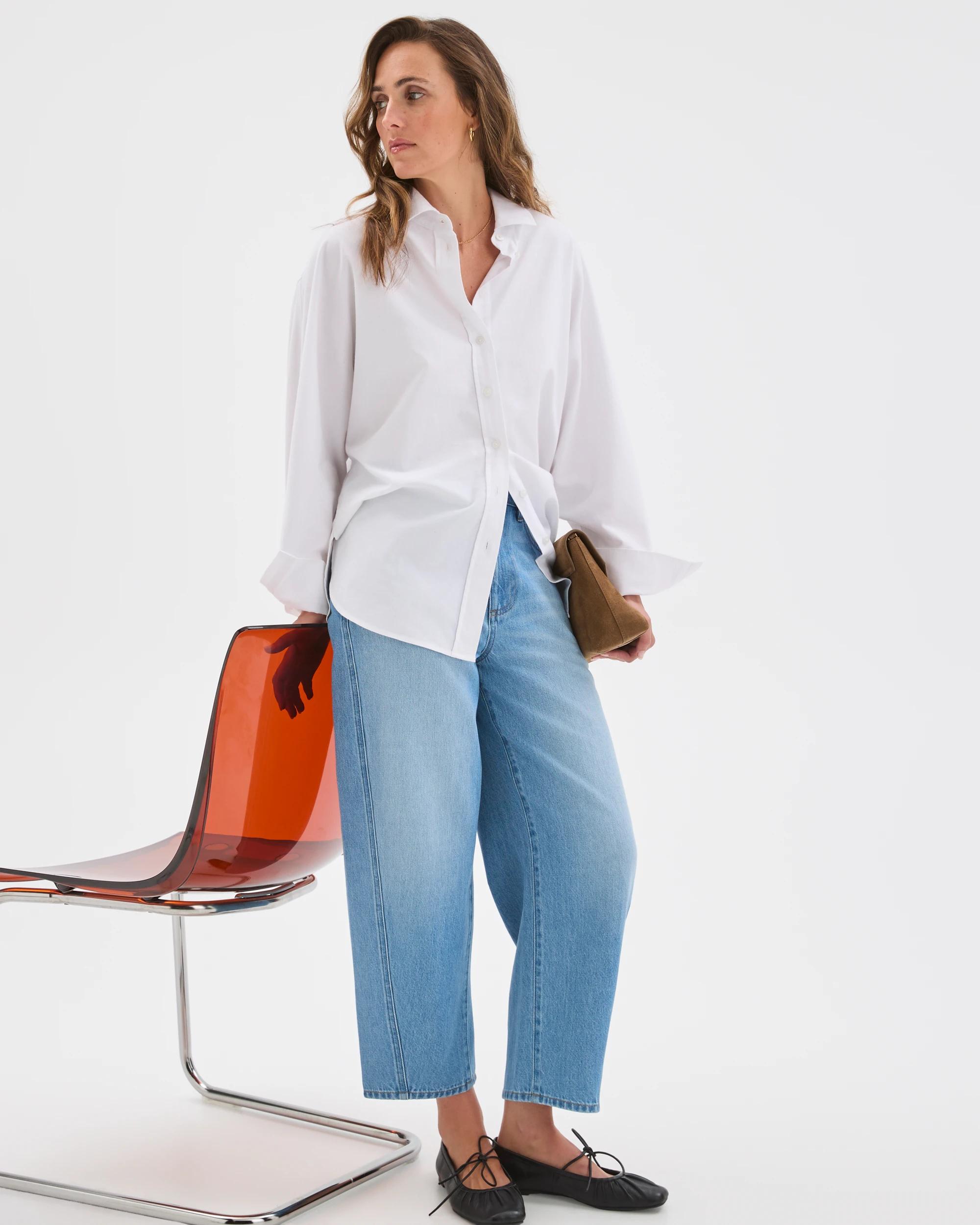 1 Target Denim Harper Barrel Leg Denim Jeans FADED BLUE, 1 of 7