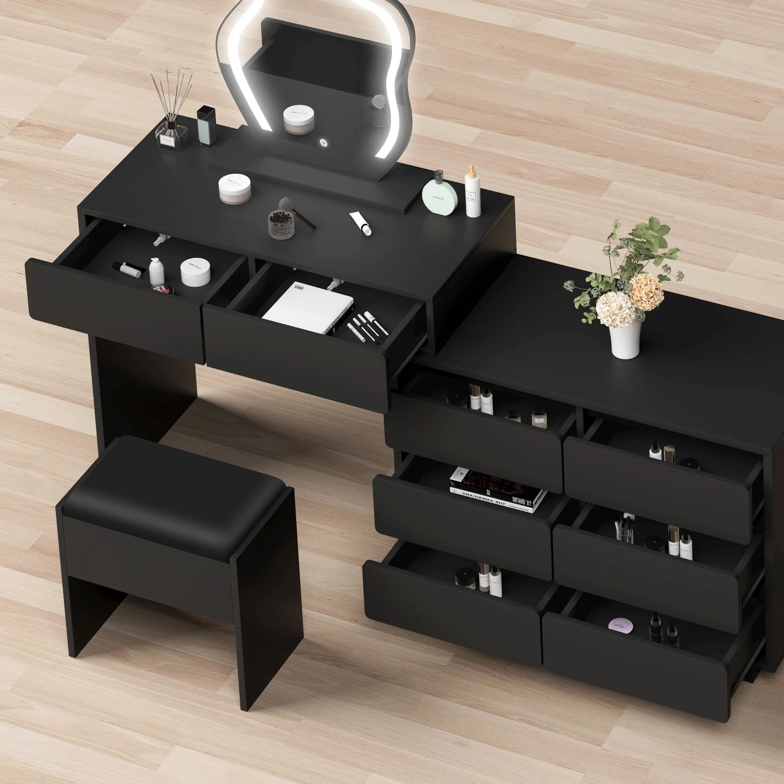 3 Alfordson Dressing Table Stool Set Makeup Mirror Desk LED 8 Drawers - Black, 3 of 10