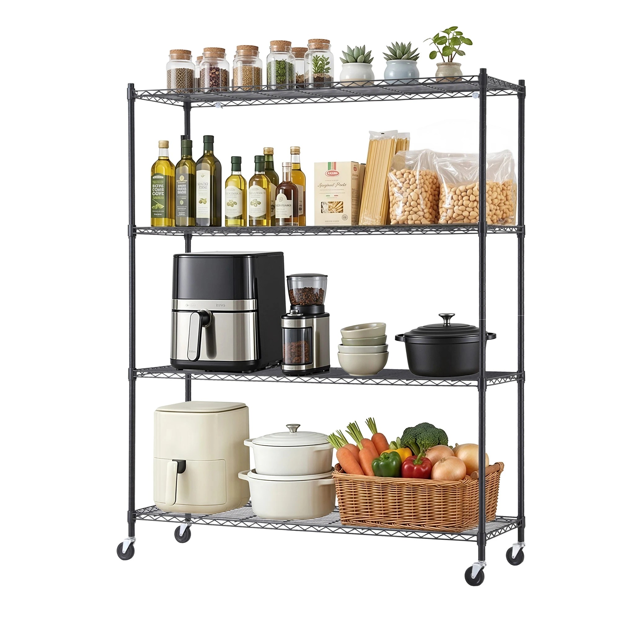 1 Artiss 4-Tier Kitchen Garage Rack Shelf with Wheels Shelving Unit 152x45x187CM Adjustable Metal Storage Shelves - Black, 1 of 9