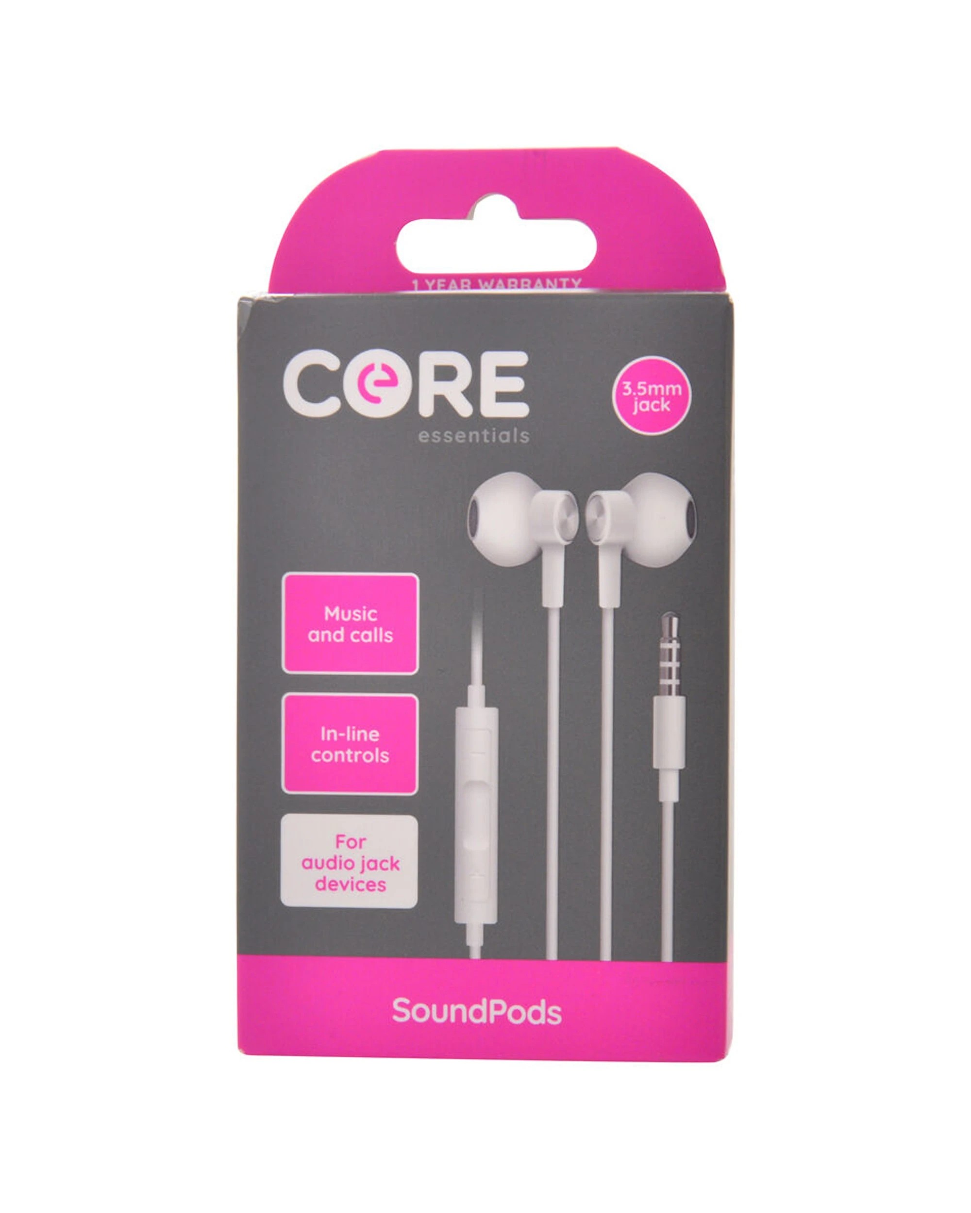 1 CORE Earphones In-Ear Wired With Microphone 3.5mm Inline Controls 1.2m
 - white, 1 of 3