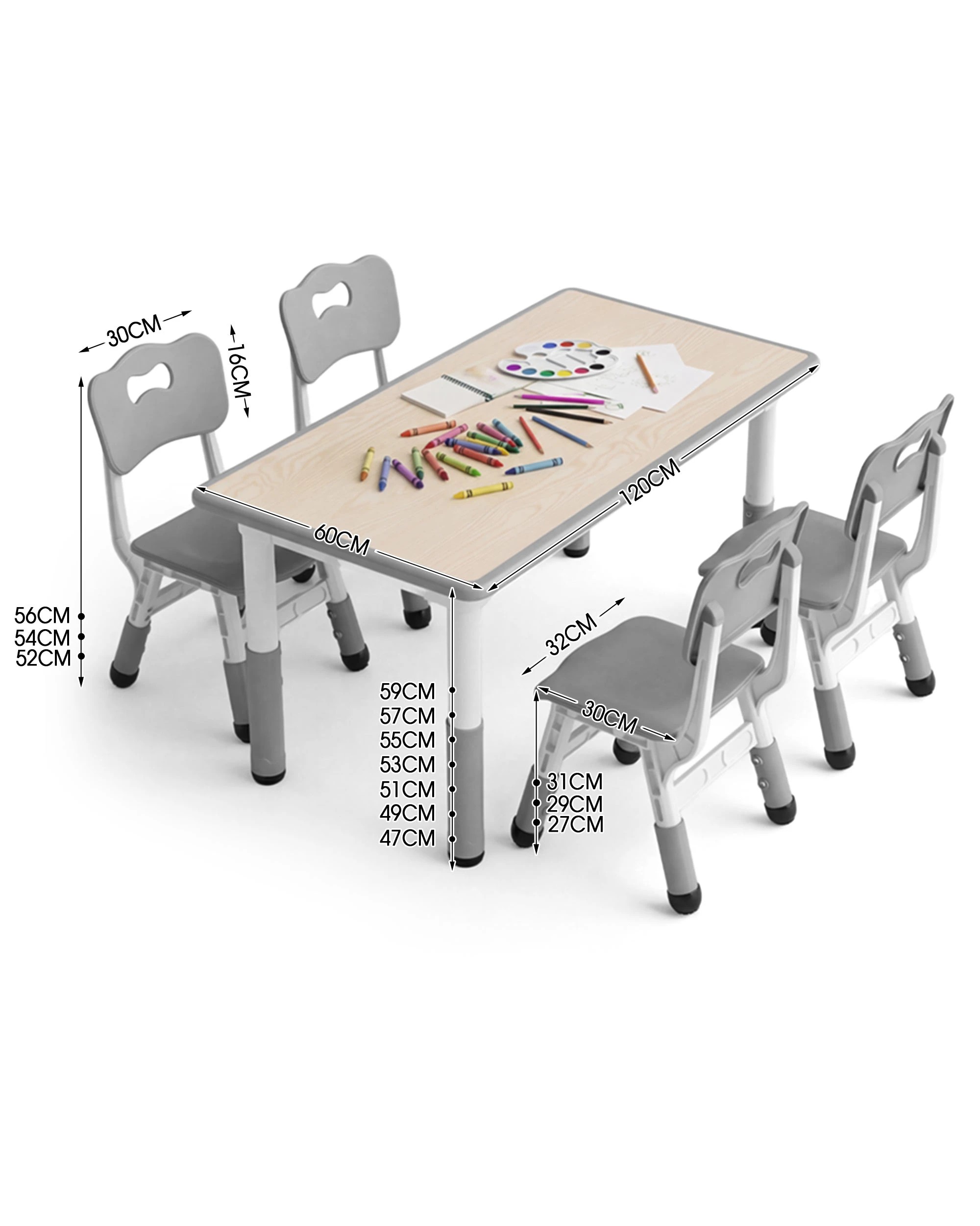 5 5PCS PlayPals Kids Table and Chairs Set Height Adjustable Graffiti 120x60cm Grey, 5 of 6