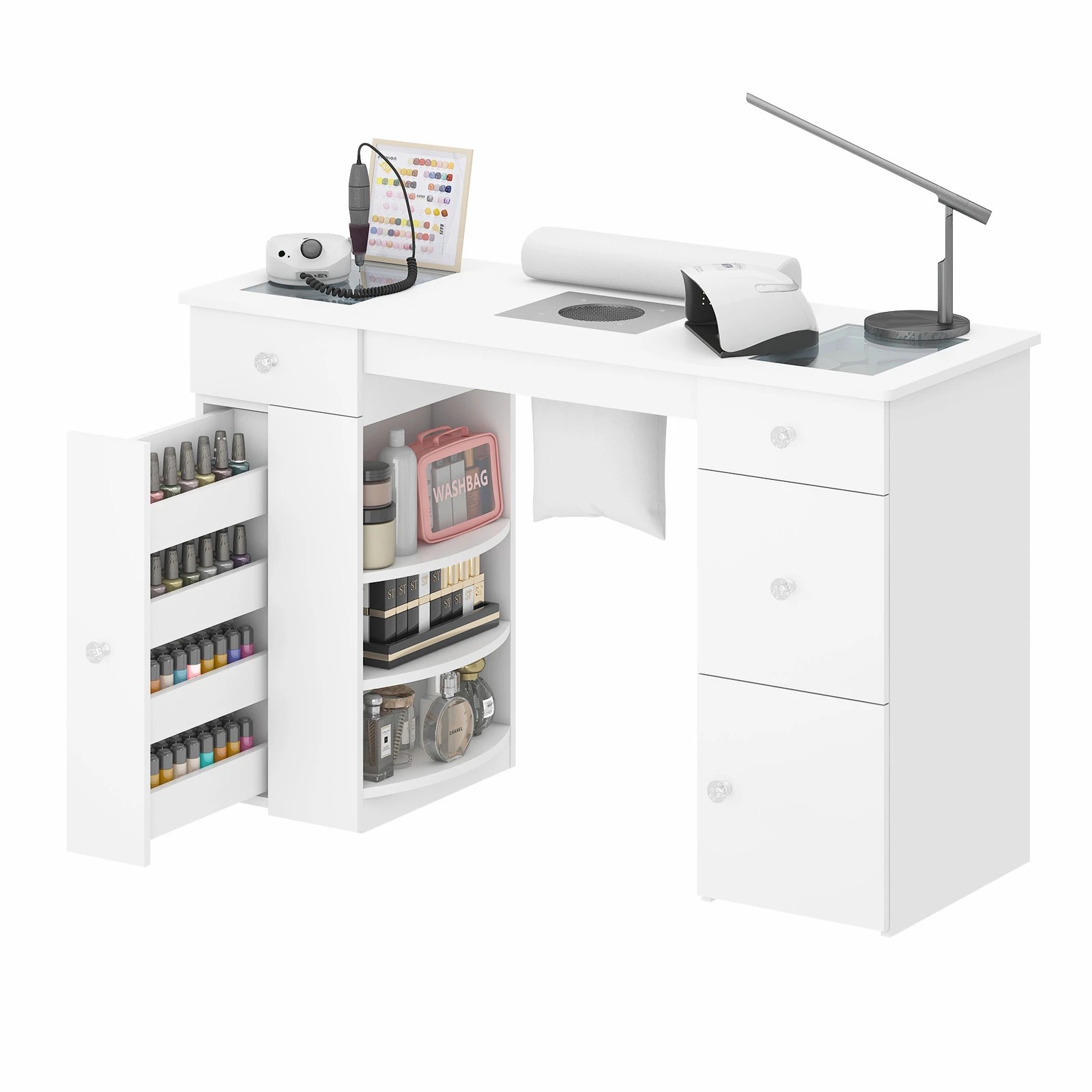 8 Advwin Vanity Desk Manicure Table With Dust Collector Glass Top Acetone Resistant Drawers Shelves
 - White, 8 of 10