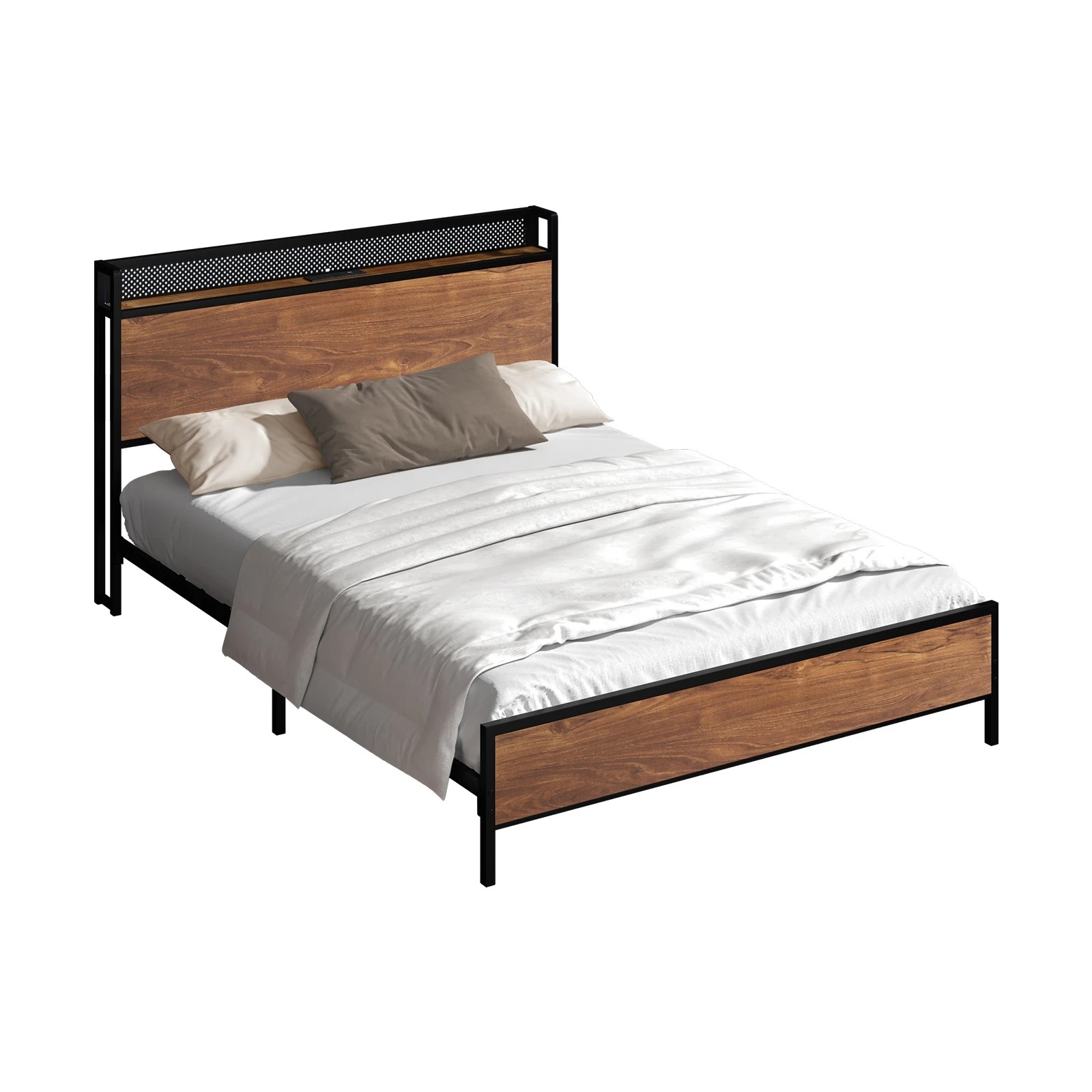 1 Oikiture Metal Bed Frame Queen Size Led Light Usb Charge Storage Headboard
 - Black, 1 of 7