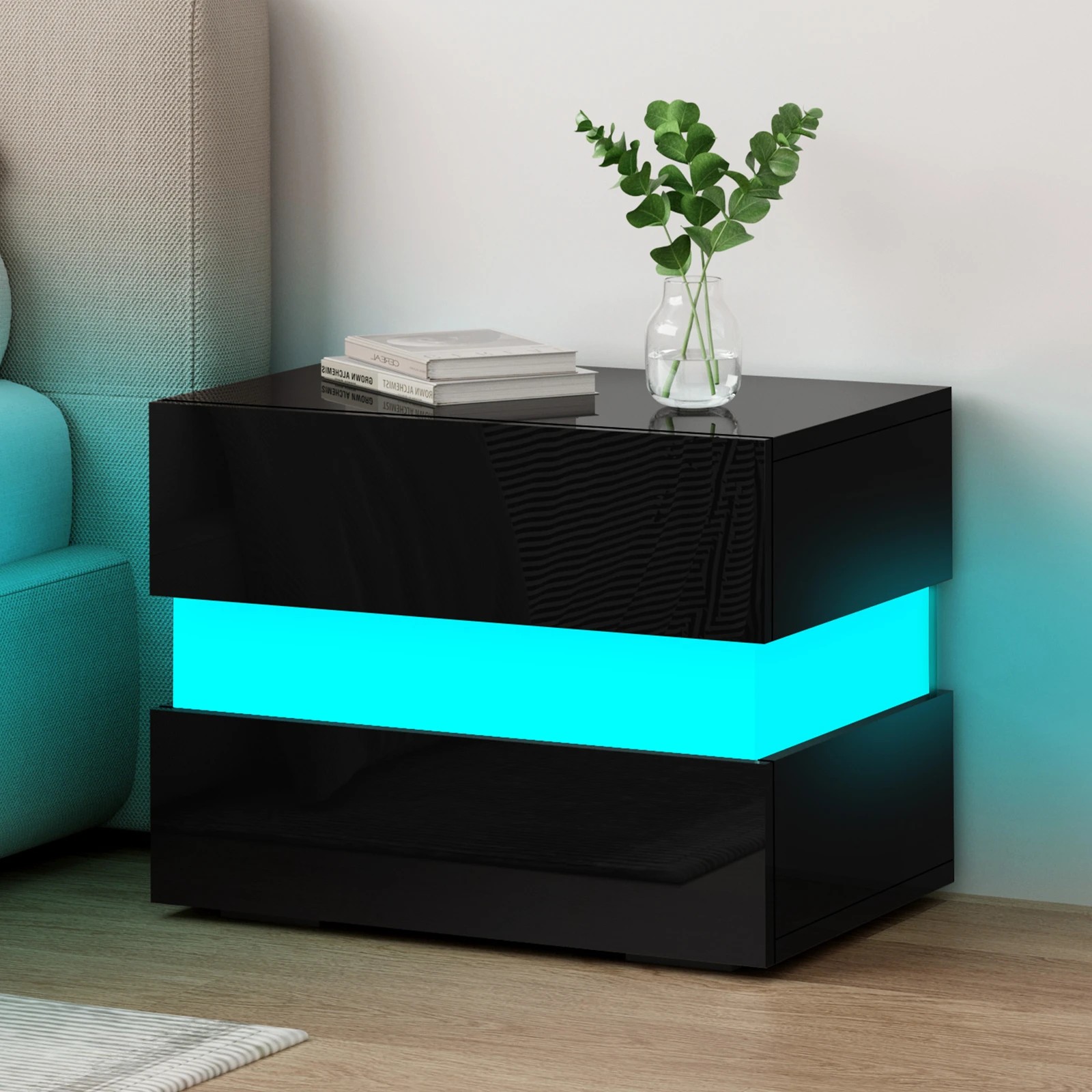 2 Alfordson Bedside Table RGB LED Nightstand 2 Drawers 4 Side High Gloss - Black, 2 of 10