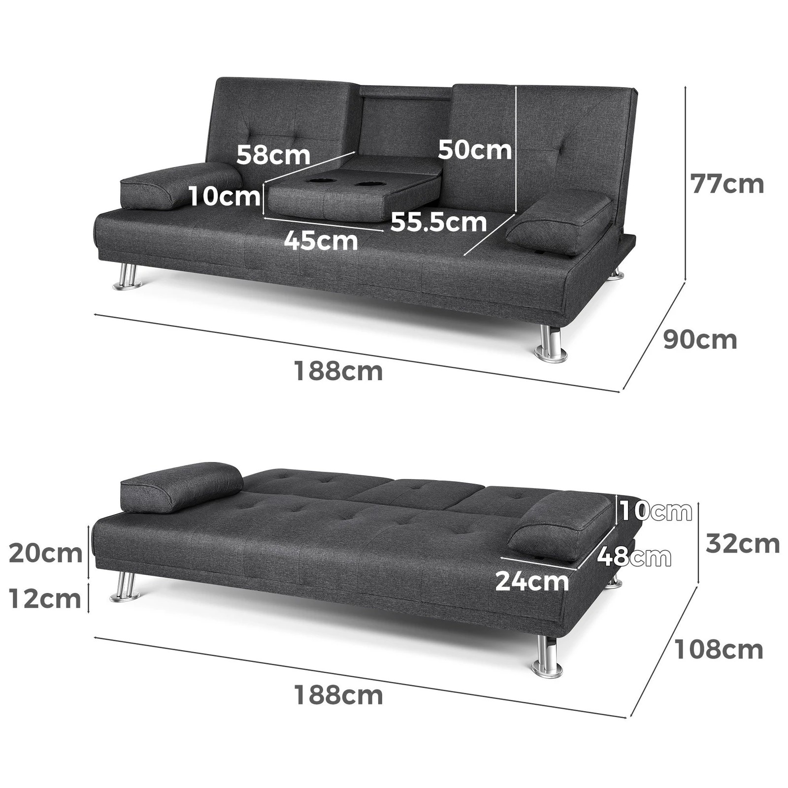 3 Alfordson Sofa Bed Lounge 3 Seater Futon Couch Beds Cup Holder Fabric - Grey, 3 of 10