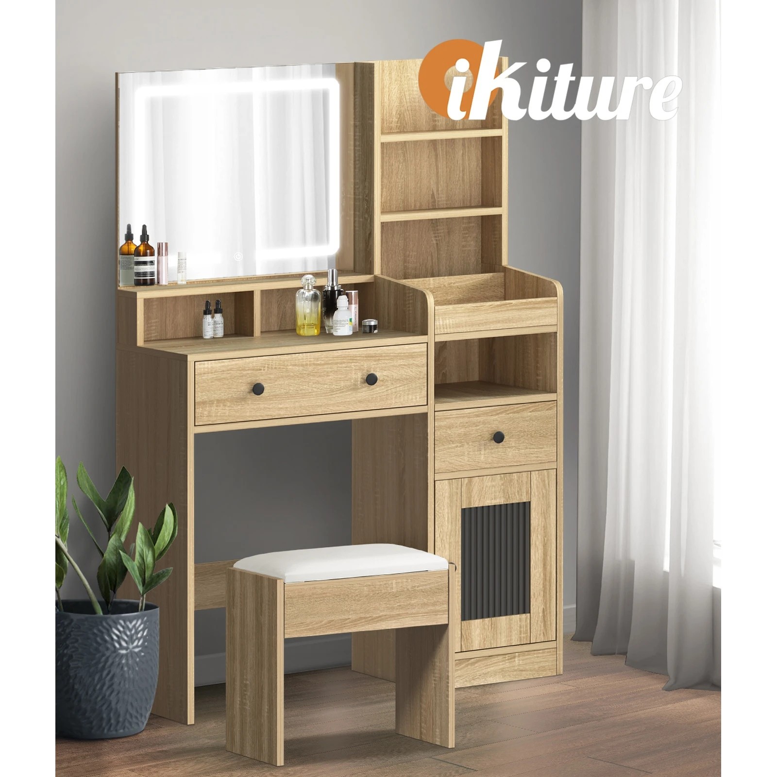 6 Oikiture Dressing Table Stool Set Makeup Mirror Led Light Vanity Desk
 - Natural, 6 of 9